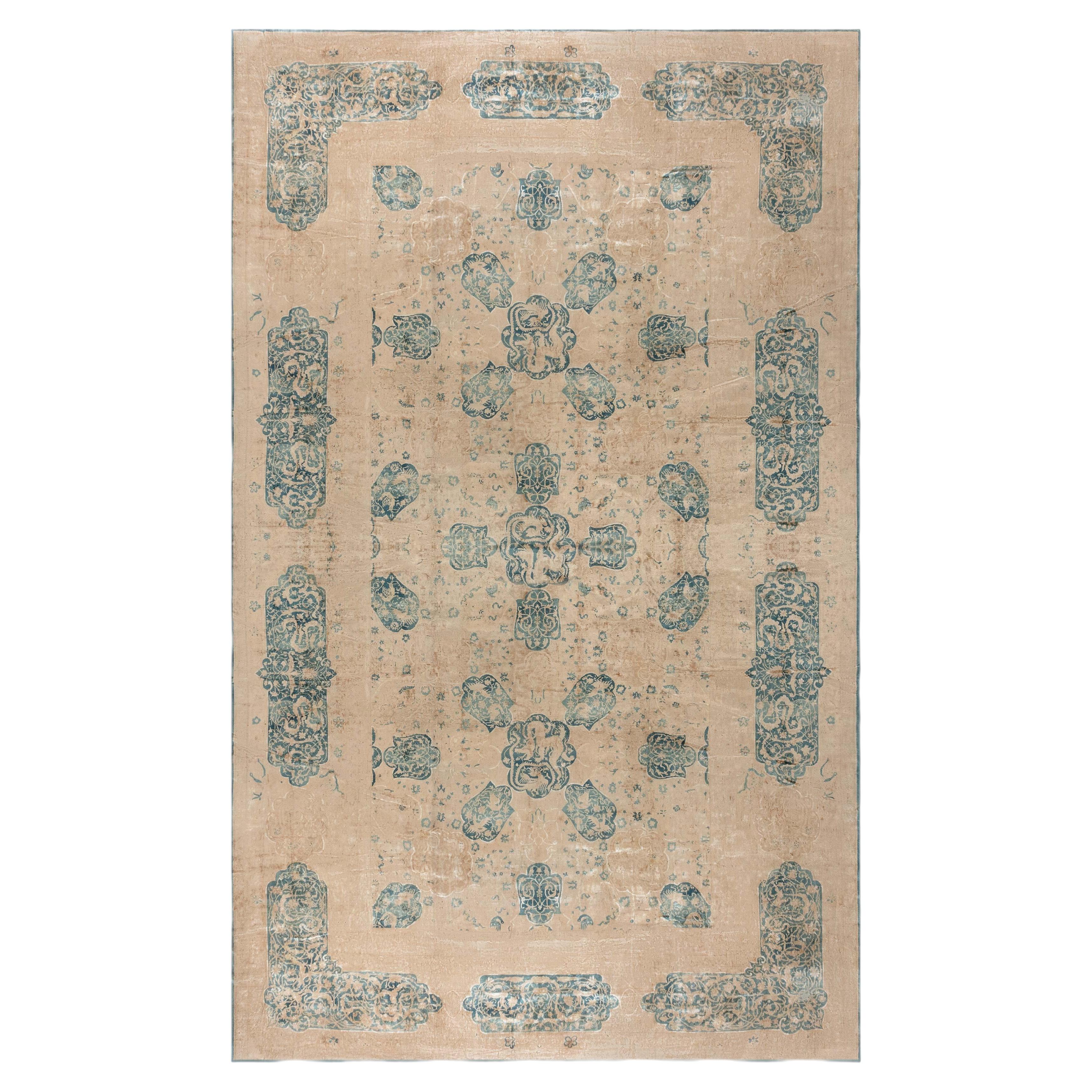 Doris Leslie Blau Antique Agra Indian Floral Warm Tan With Teal Rug - c. 1920 For Sale