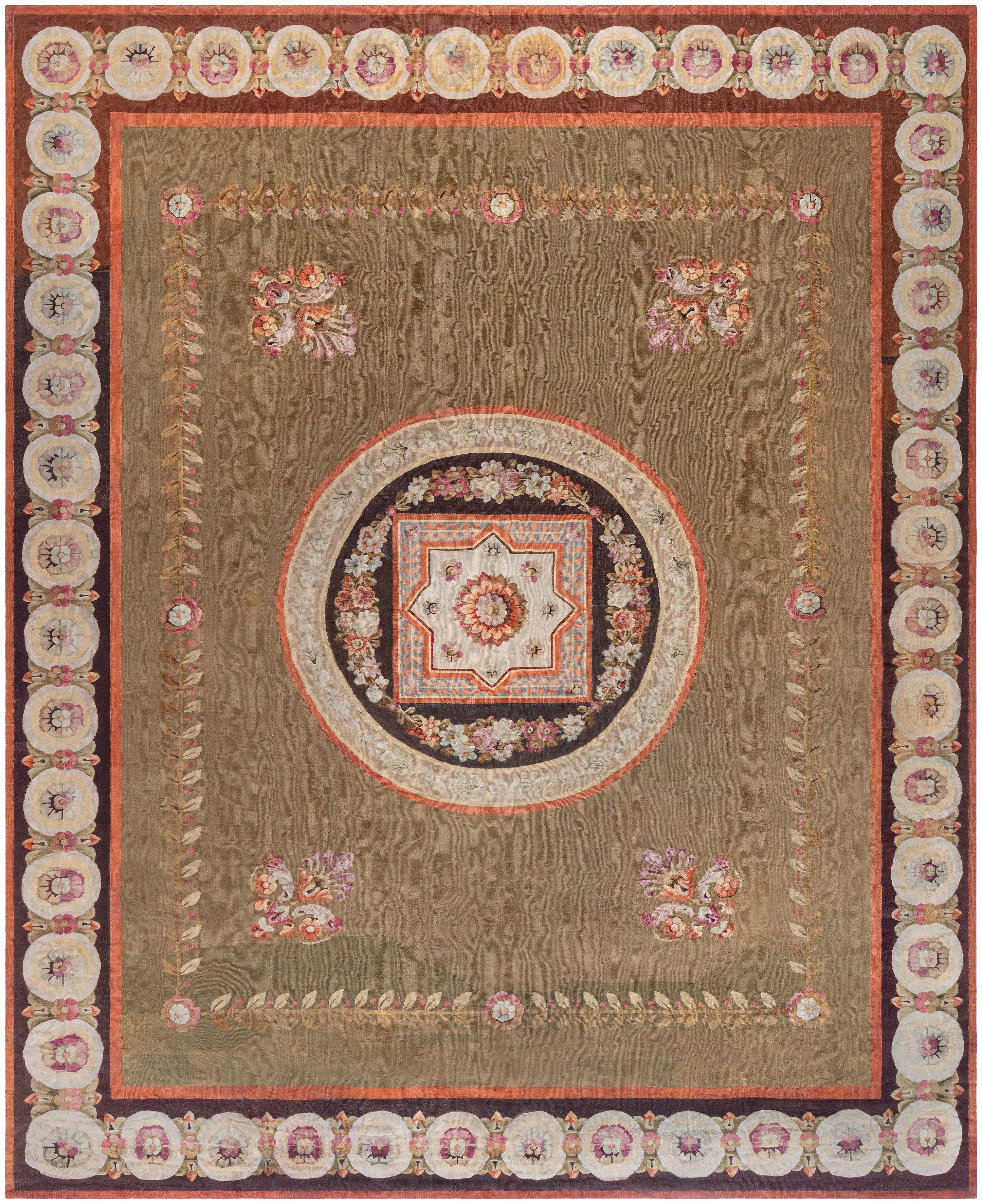 Doris Leslie Blau Antique Aubusson French Medallion Classic Taupe Rug - c. 1880 For Sale
