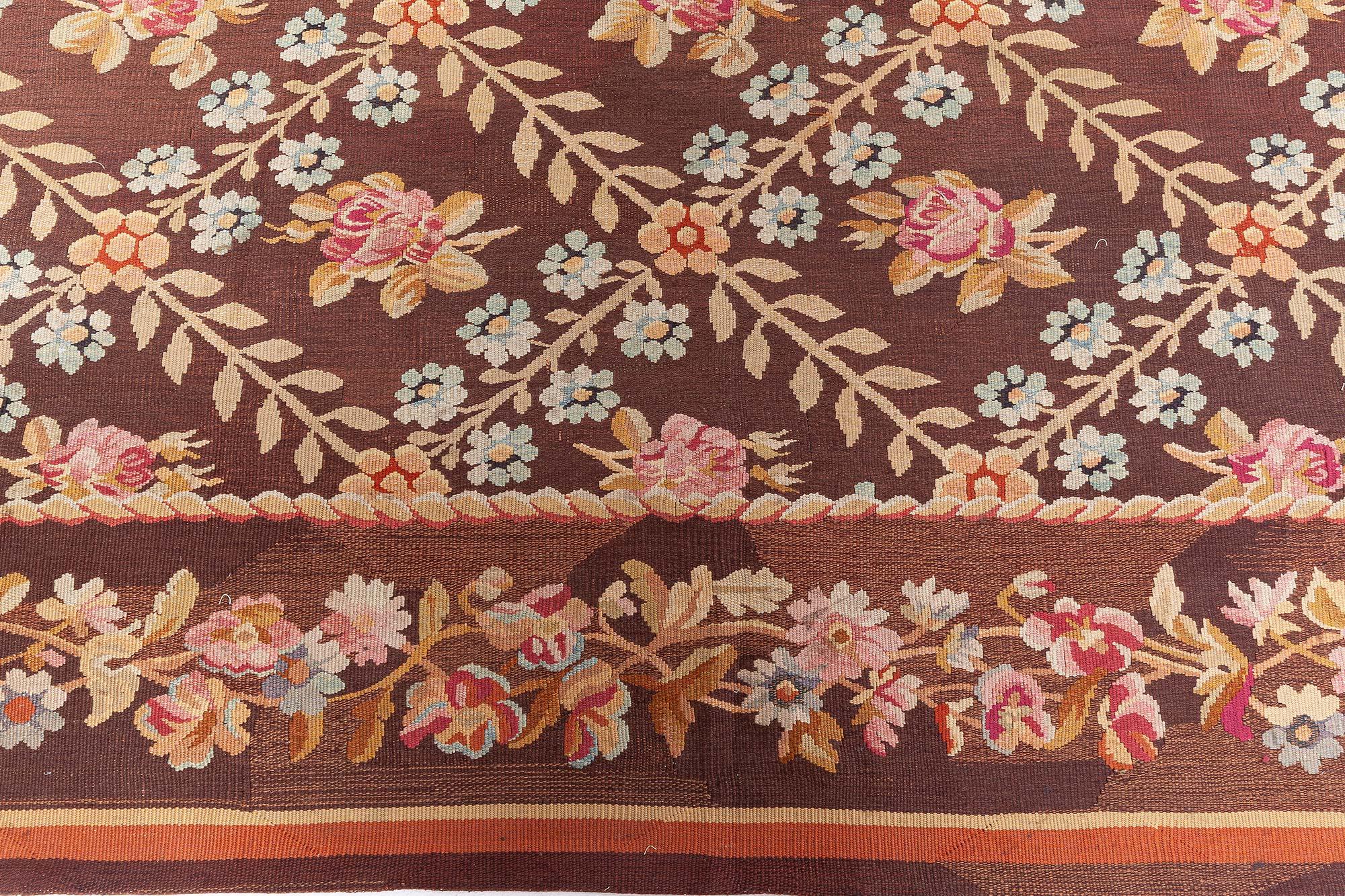 Doris Leslie Blau Antique French Aubusson Brown Botanic Tapis de laine fait main en vente 2