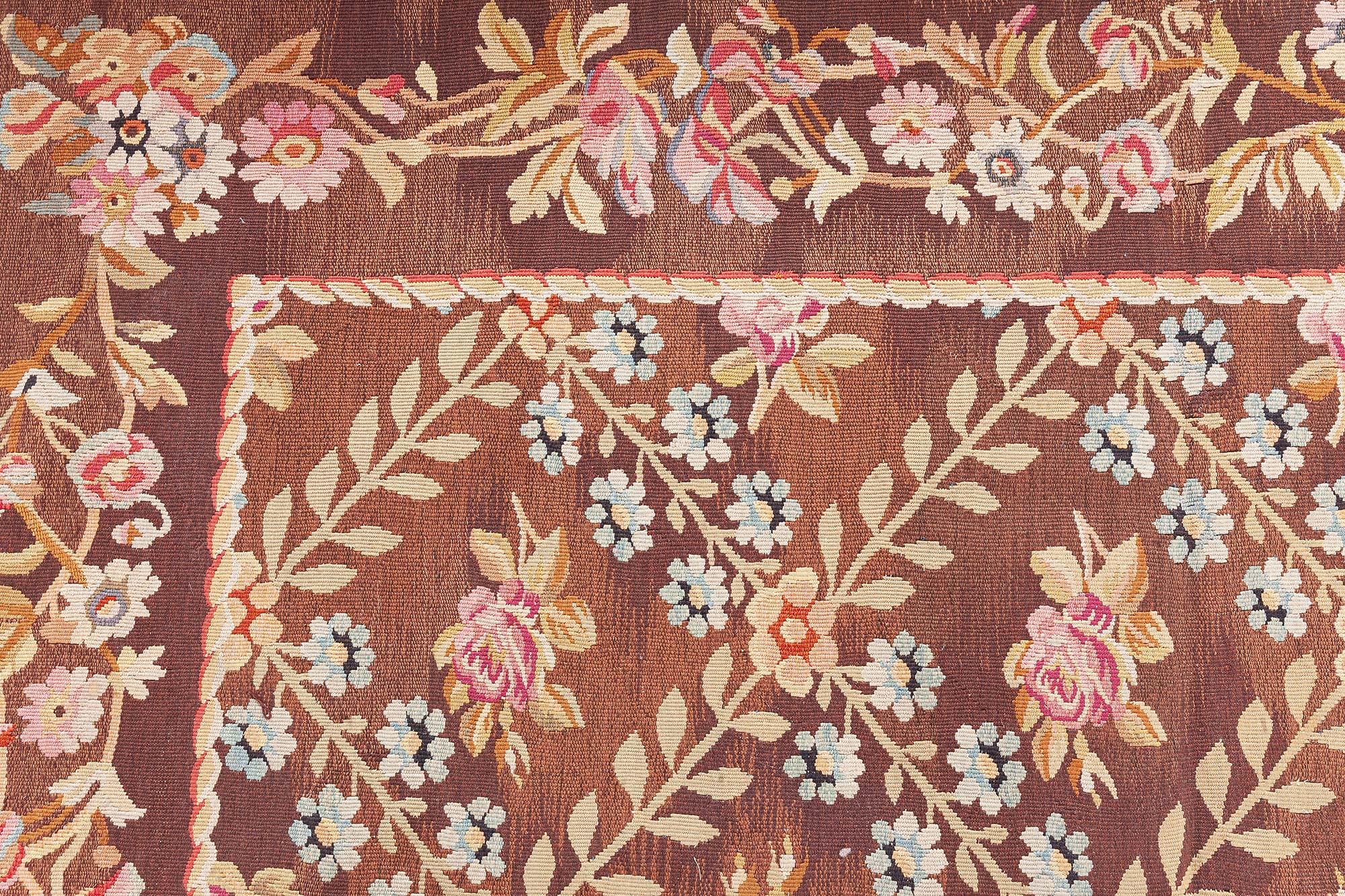 Doris Leslie Blau Antique French Aubusson Brown Botanic Tapis de laine fait main en vente 4