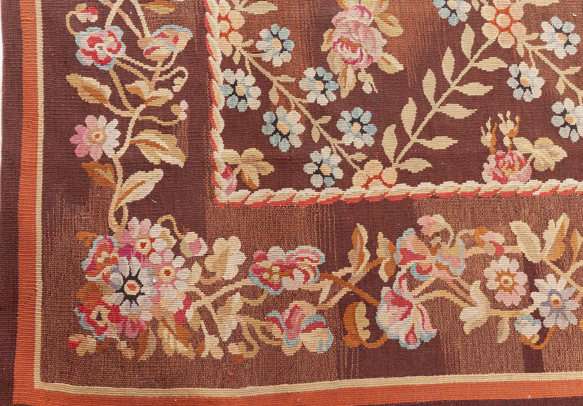 Antiquité française Aubusson Brown Botanic Tapis de laine fait main 
Taille : 12'10