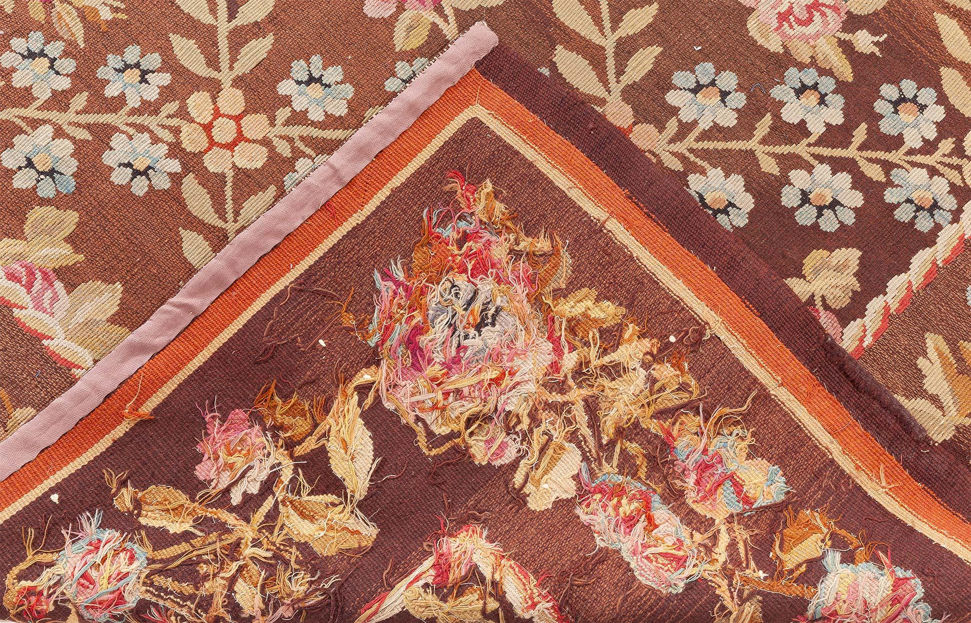 Doris Leslie Blau Antique French Aubusson Brown Botanic Tapis de laine fait main en vente 6