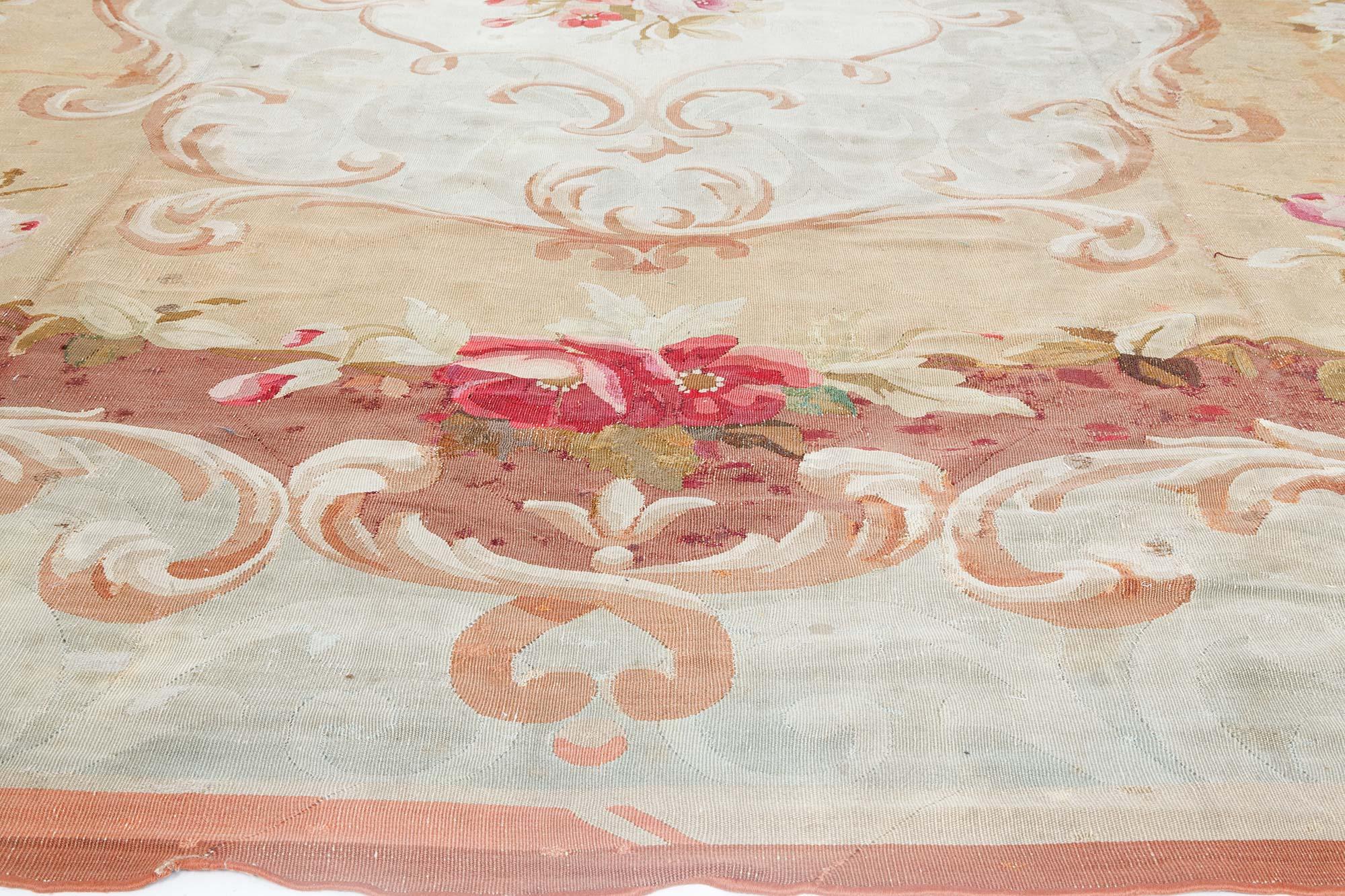 Hand-Knotted Doris Leslie Blau Antique French Aubusson Floral Handwoven Wool Rug For Sale
