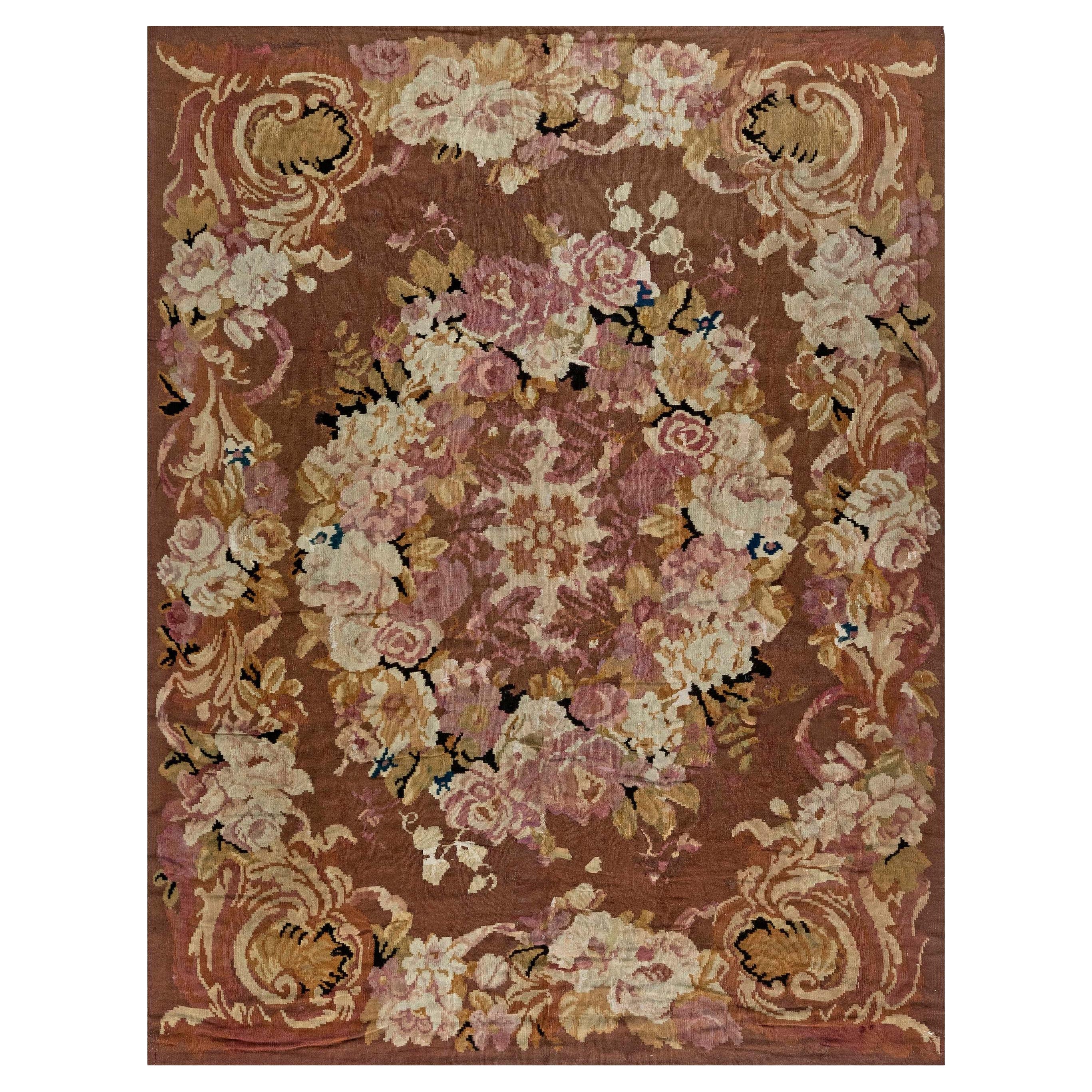 Doris Leslie Blau 1900er Jahre Französischer Aubusson Floral Handgefertigter Wollteppich
