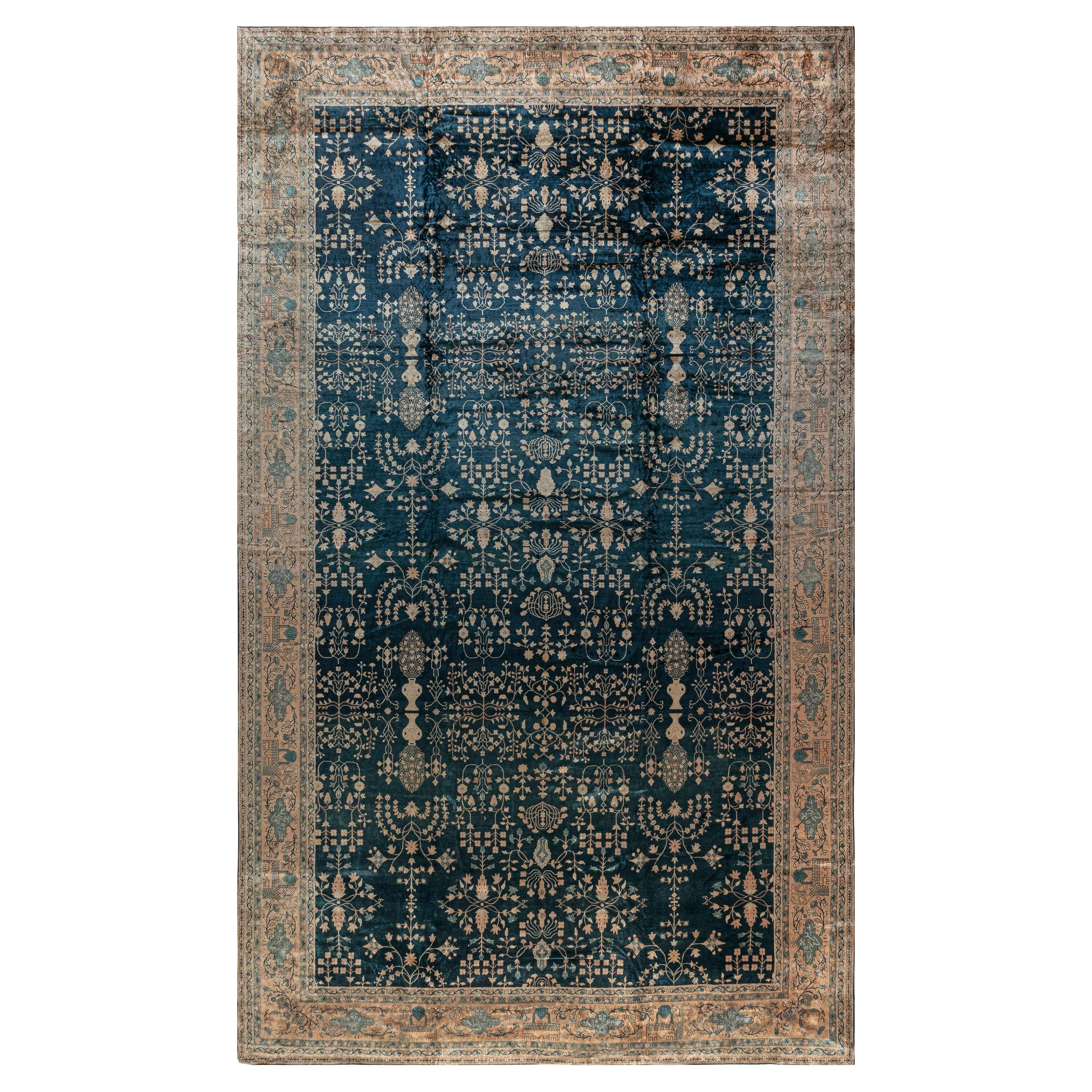 Doris Leslie Blau Antique Indian Botanic Navy Blue Handmade Wool Rug For Sale