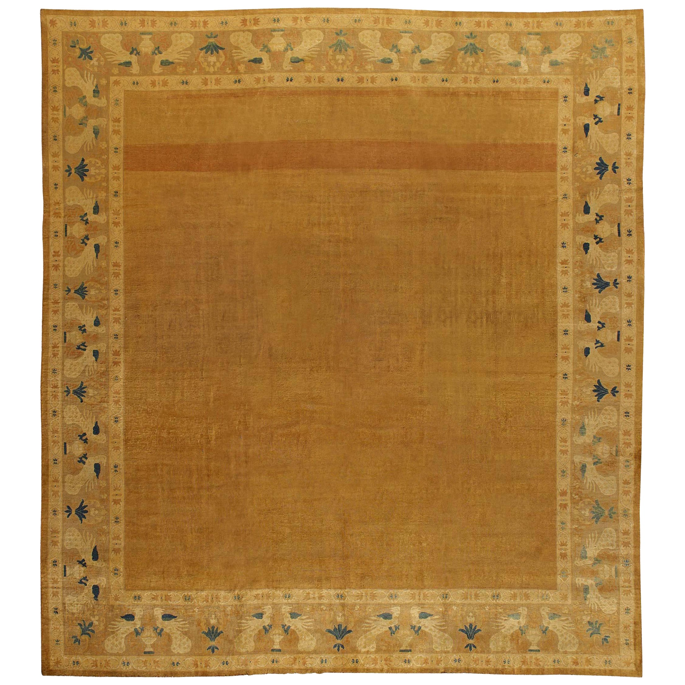Doris Leslie Blauer antiker indischer Lahore handgeknüpfter Teppich aus Wolle im Angebot