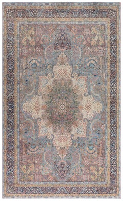 Doris Leslie Blau Antique Kirman Medallion Light Blue Hand-Knotted Rug - c. 1900