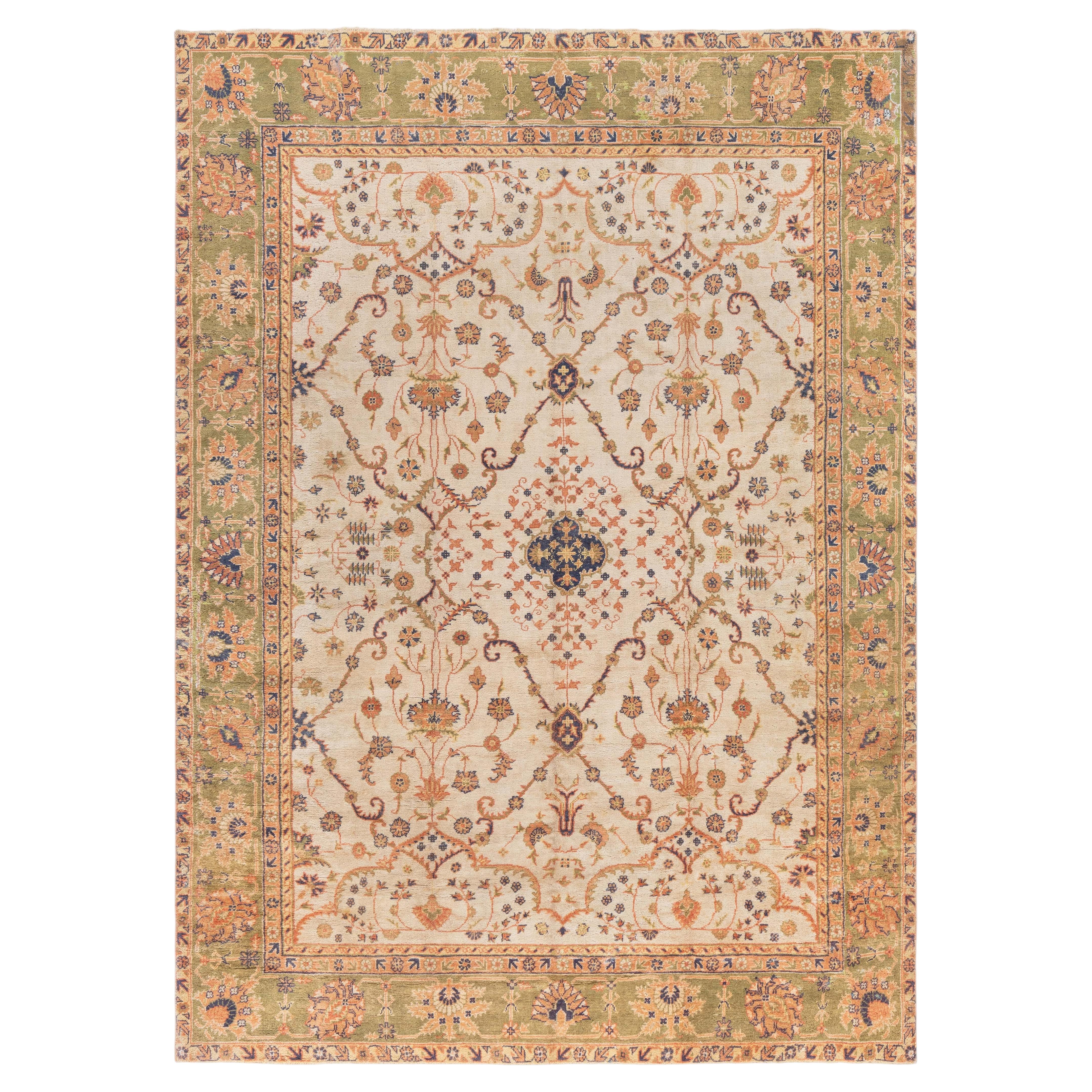 Doris Leslie Blau Antique Oushak Turkish Floral Allover Soft Beige Rug - c. 1900 For Sale