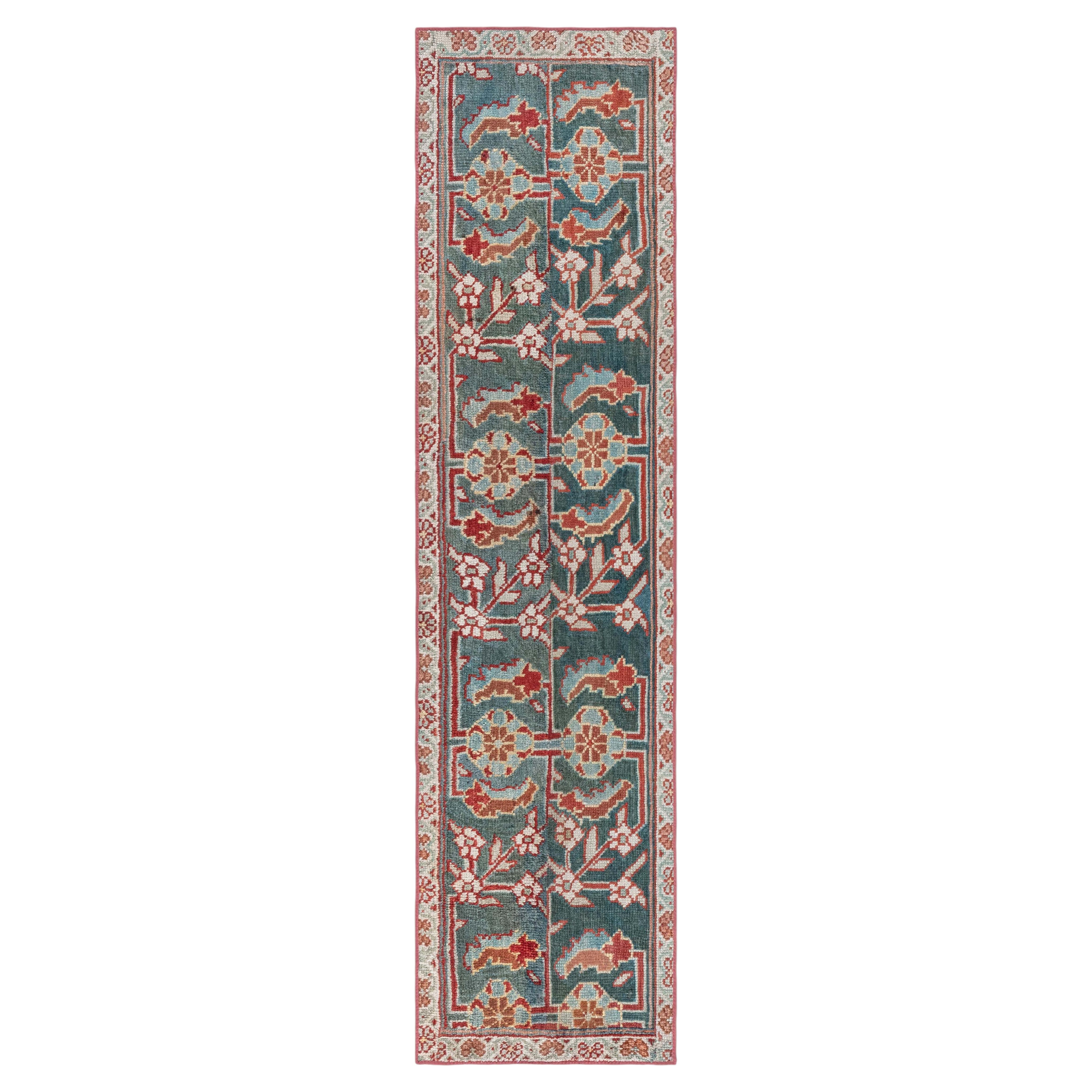 Doris Leslie Blau Antique Oushak Turkish Floral Blue Runner - c. 1930 (Fragment)