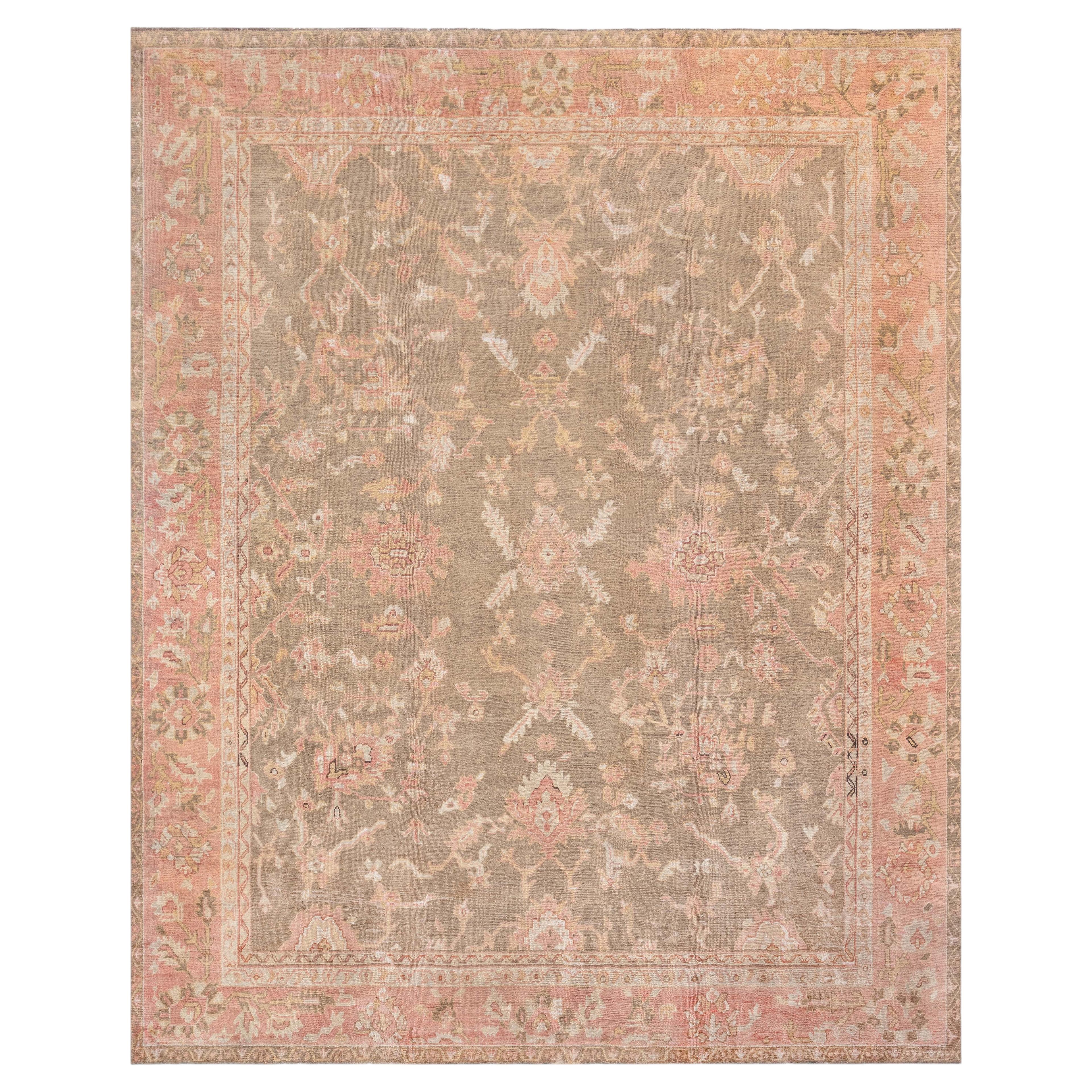Doris Leslie Blau Antique Oushak Turkish Floral Classic Taupe Rug - c. 1900