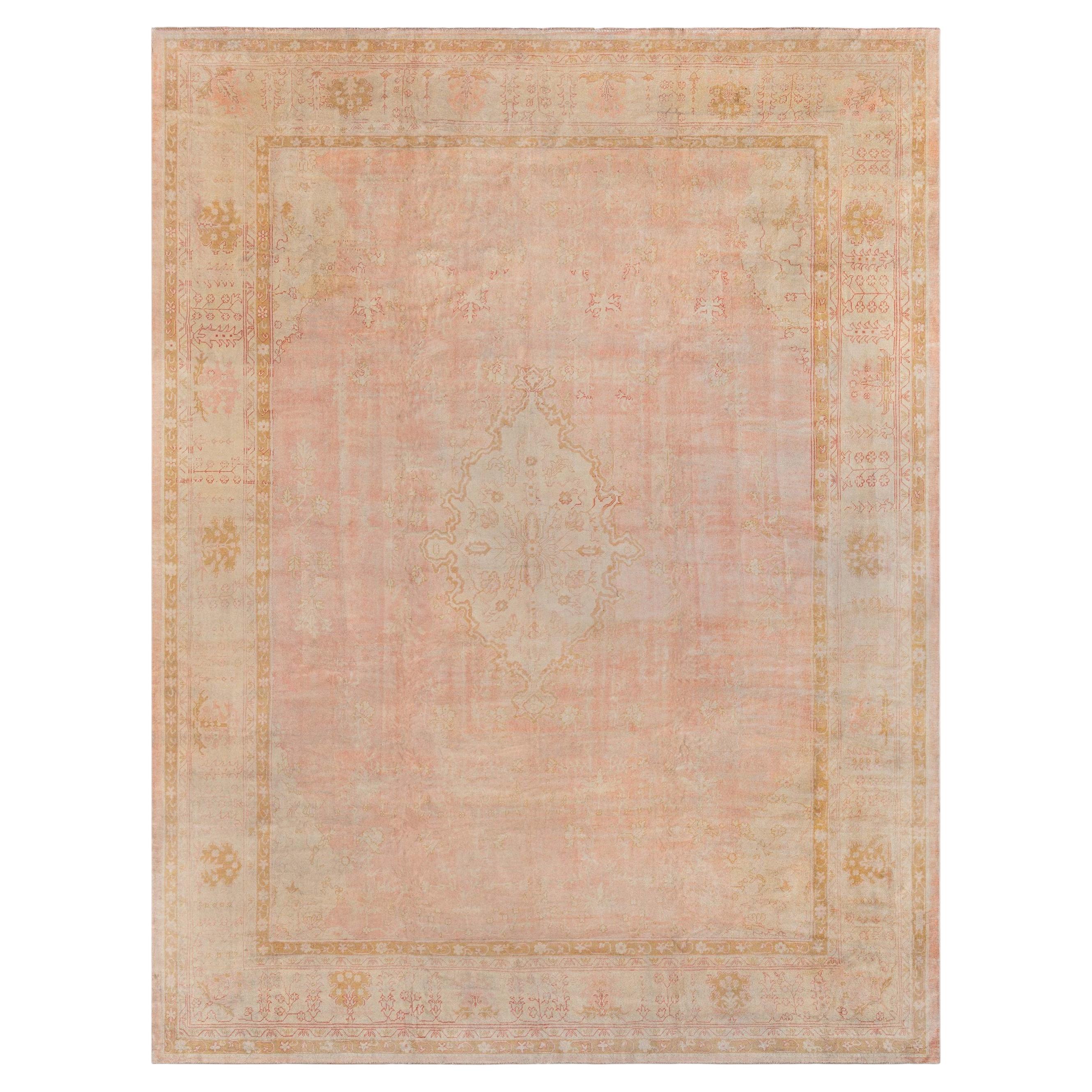 Doris Leslie Blau Antique Oushak Turkish Medallion Warm Tan Carpet - c. 1880