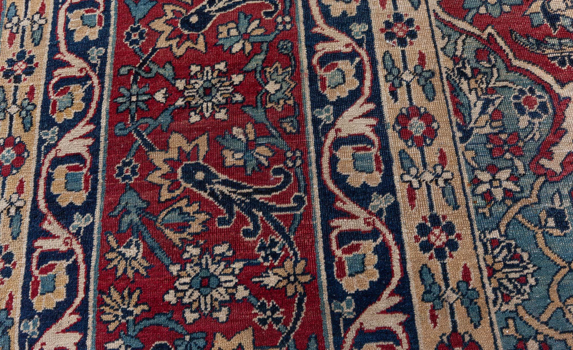 Doris Leslie Blau Alfombra Persa Antigua Kirman Rojo Azul Beige Lana en venta