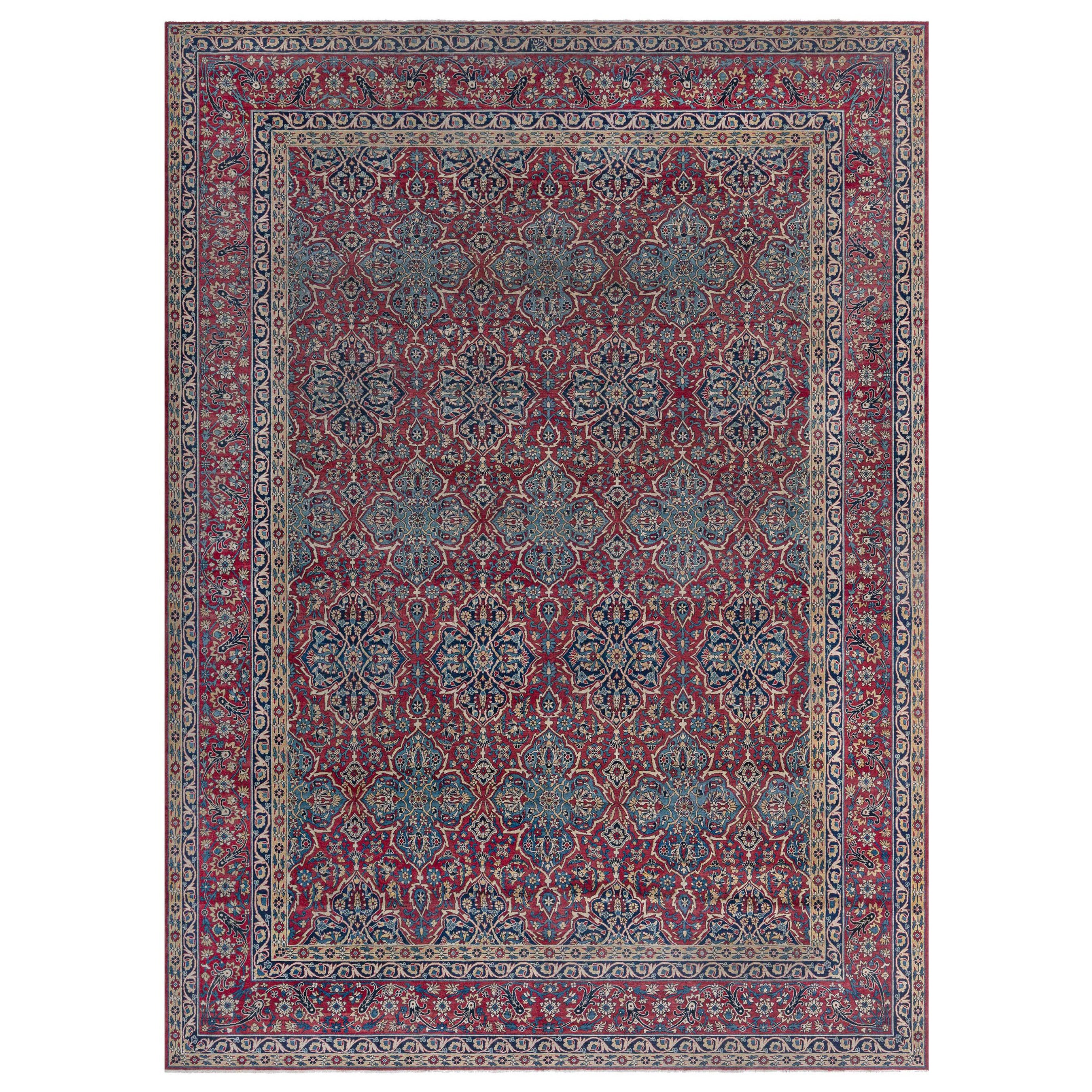 Doris Leslie Blau Alfombra Persa Antigua Kirman Rojo Azul Beige en venta