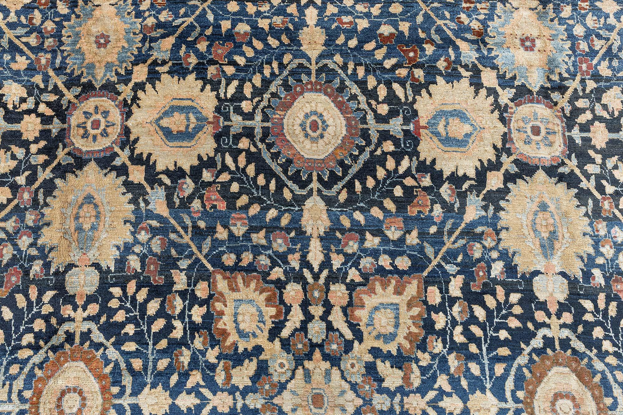 Antiker persischer Tabriz Botanic Blau Rot Beige Handgefertigter Wollteppich
Größe: 10'5