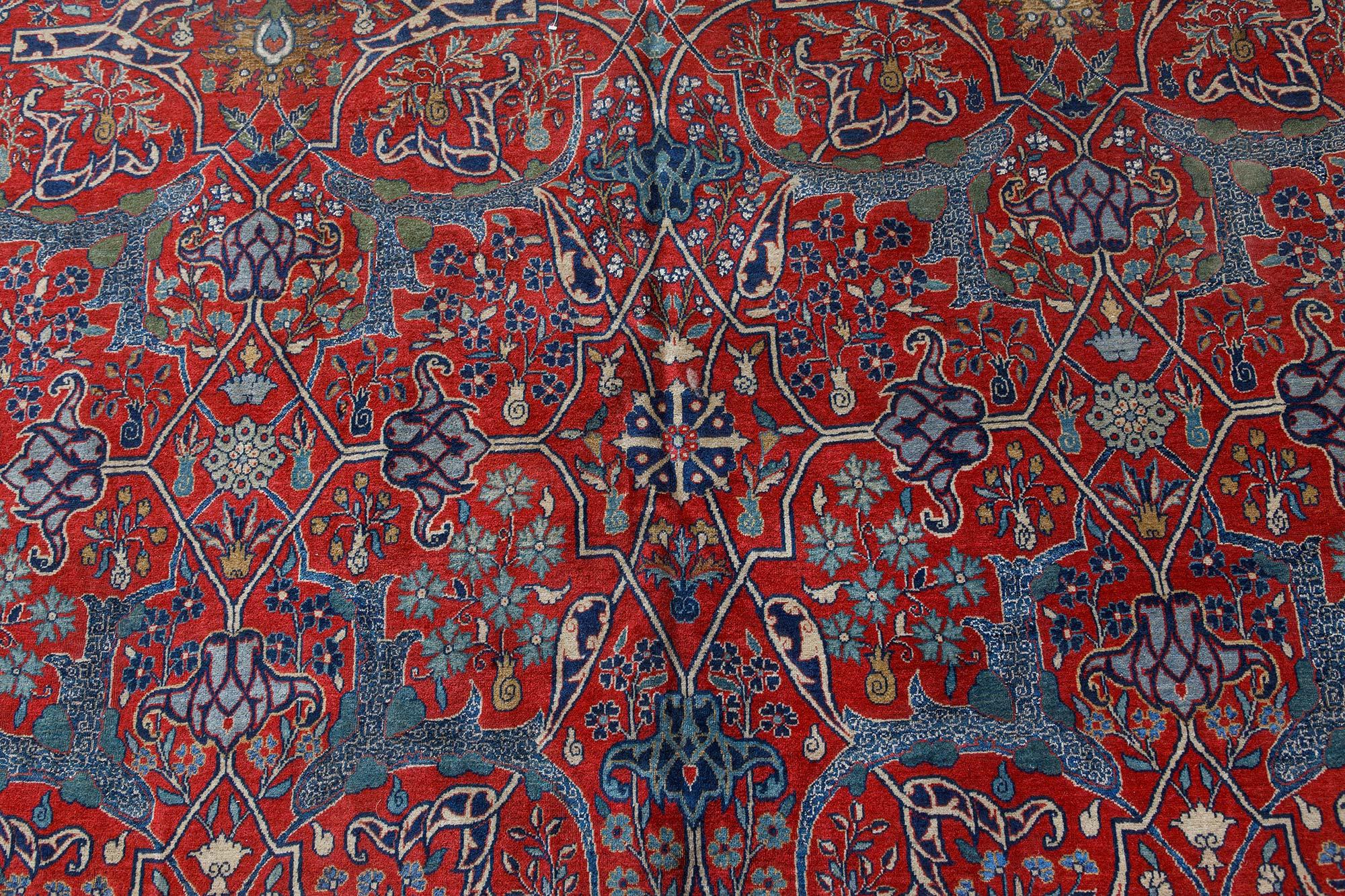 Einzigartige antike persische Teheran botanischen rot, blau handgefertigten Wollteppich 
Größe: 7'8