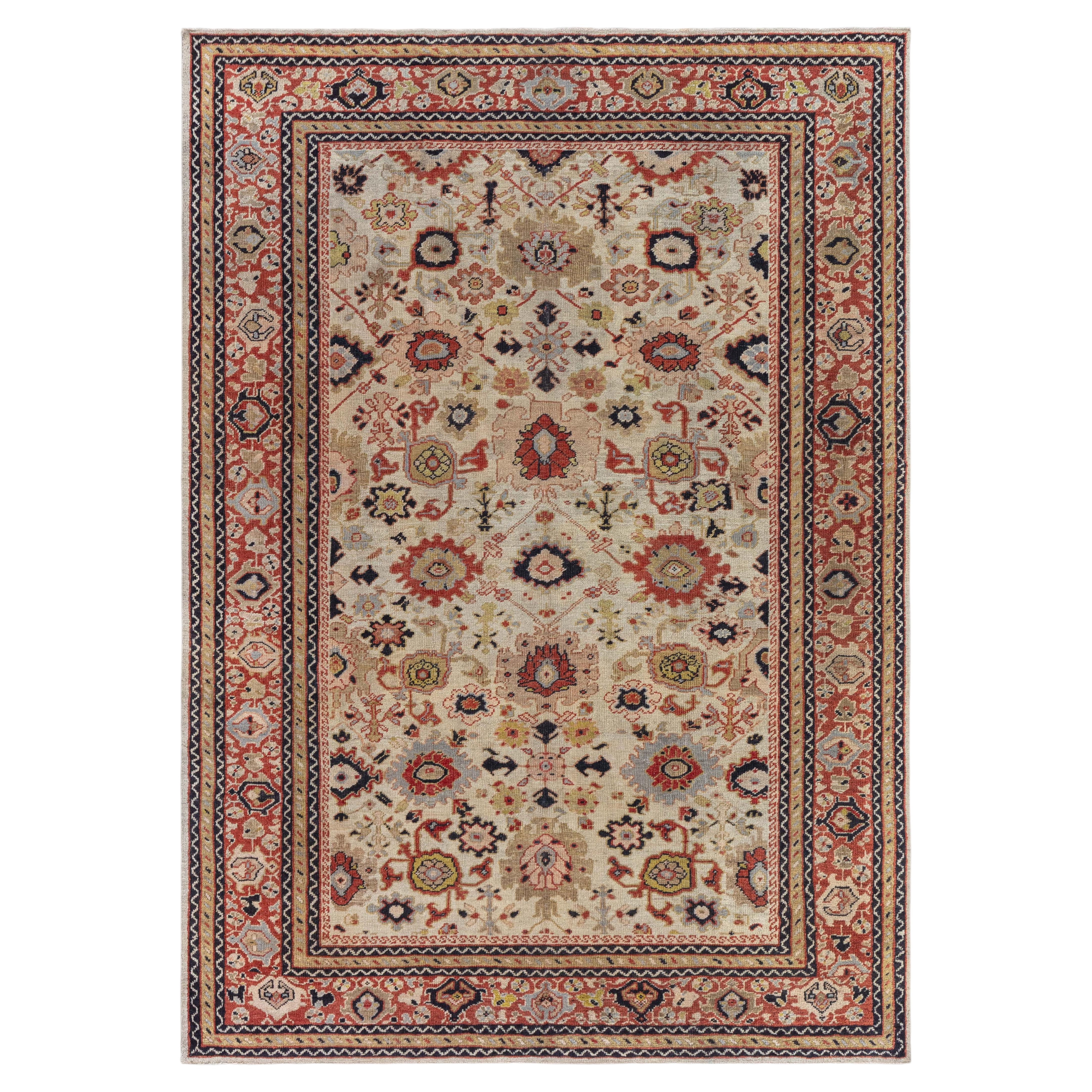 Doris Leslie Blau Antiker Sultanabad Floral Allover Hellbeige Teppich - ca. 1880