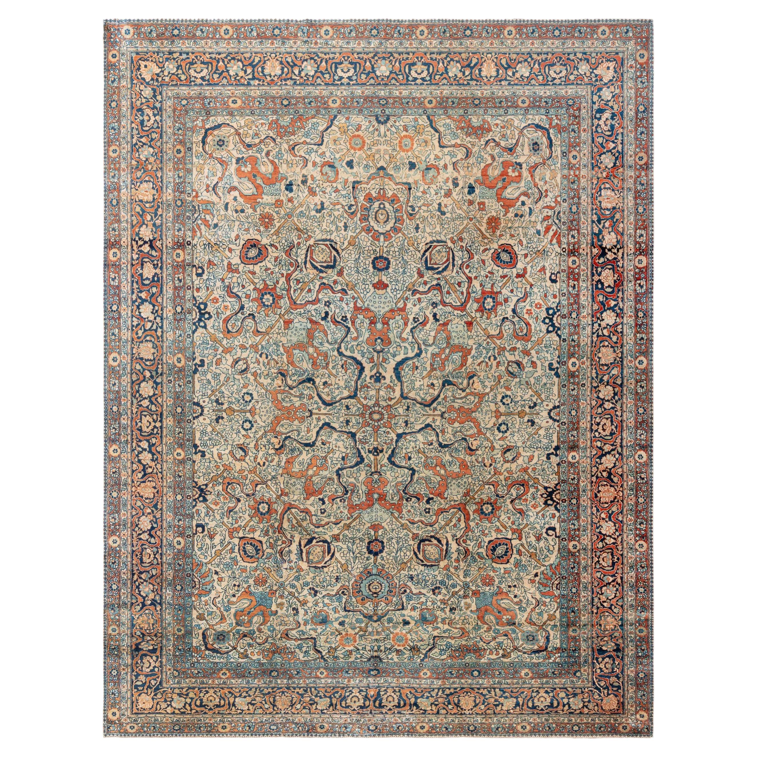 Doris Leslie Blau Antique Tabriz Allover Cream Beige Hand-Knotted Rug - c. 1880