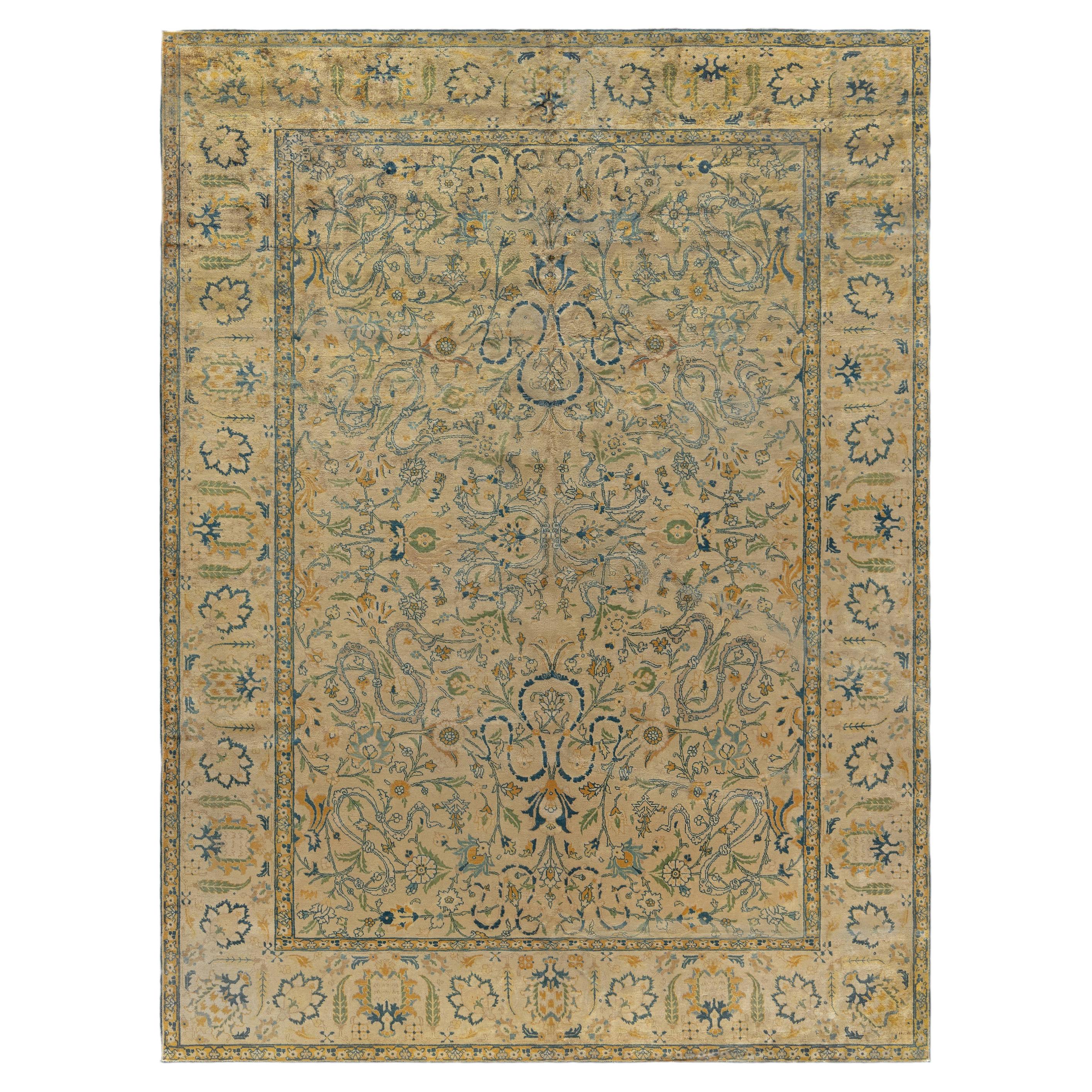 Doris Leslie Blau Antique Tabriz Allover Floral Cream Beige Rug - c. 1900
