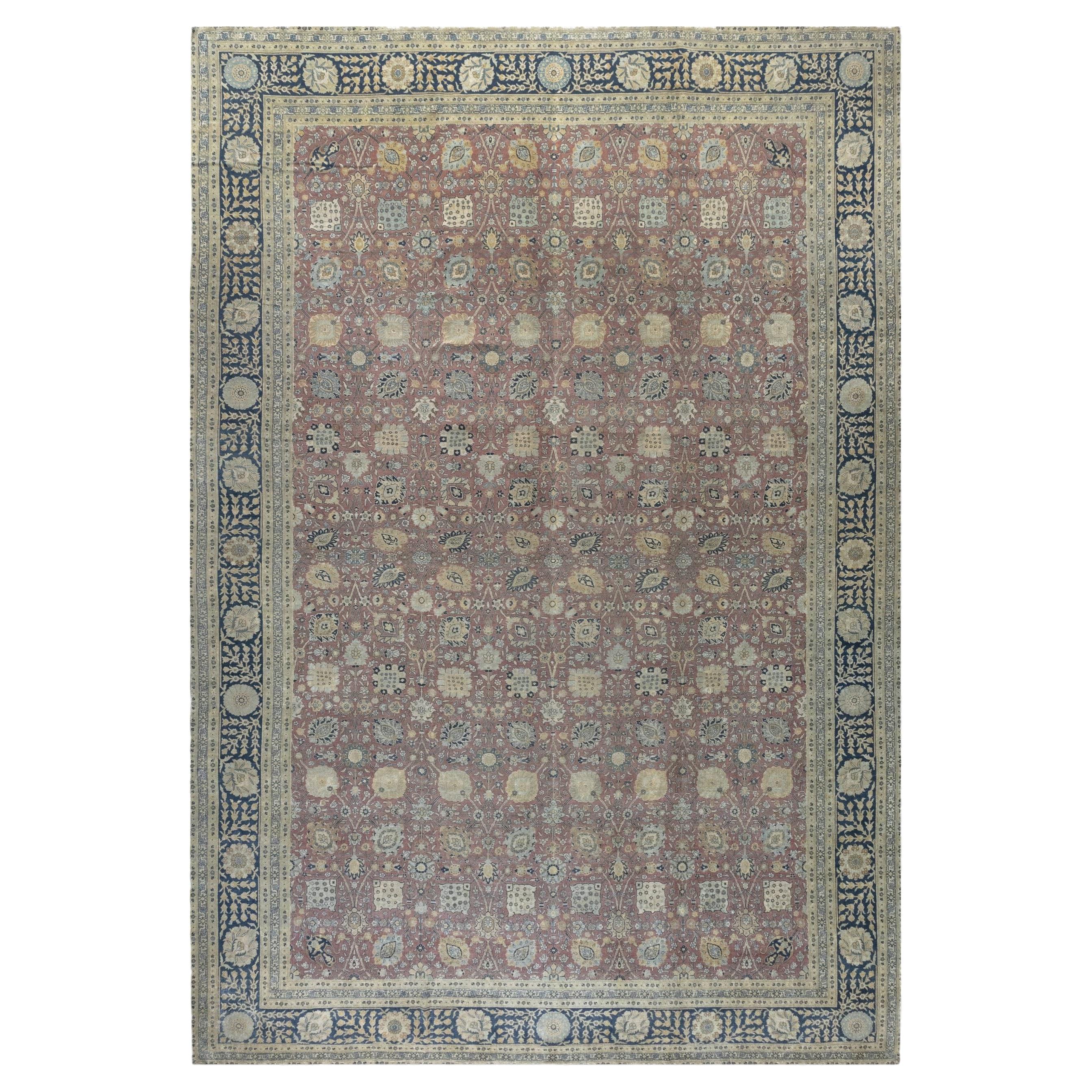 Doris Leslie Blau Antique Tabriz Allover Floral Ivory Hand-Knotted Rug - c. 1900 For Sale