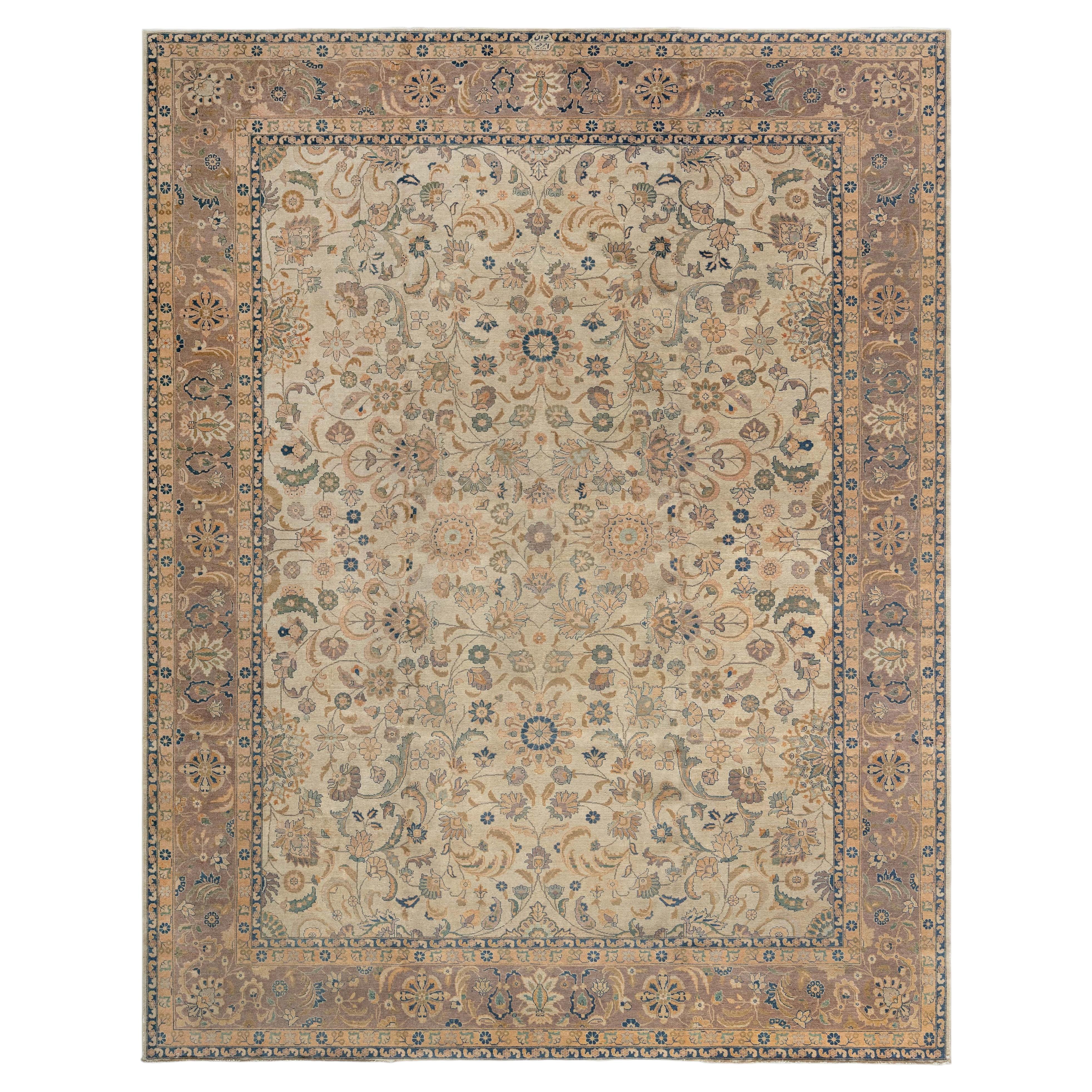 Doris Leslie Blau Antique Tabriz Allover Floral Soft Beige Rug - c. 1880