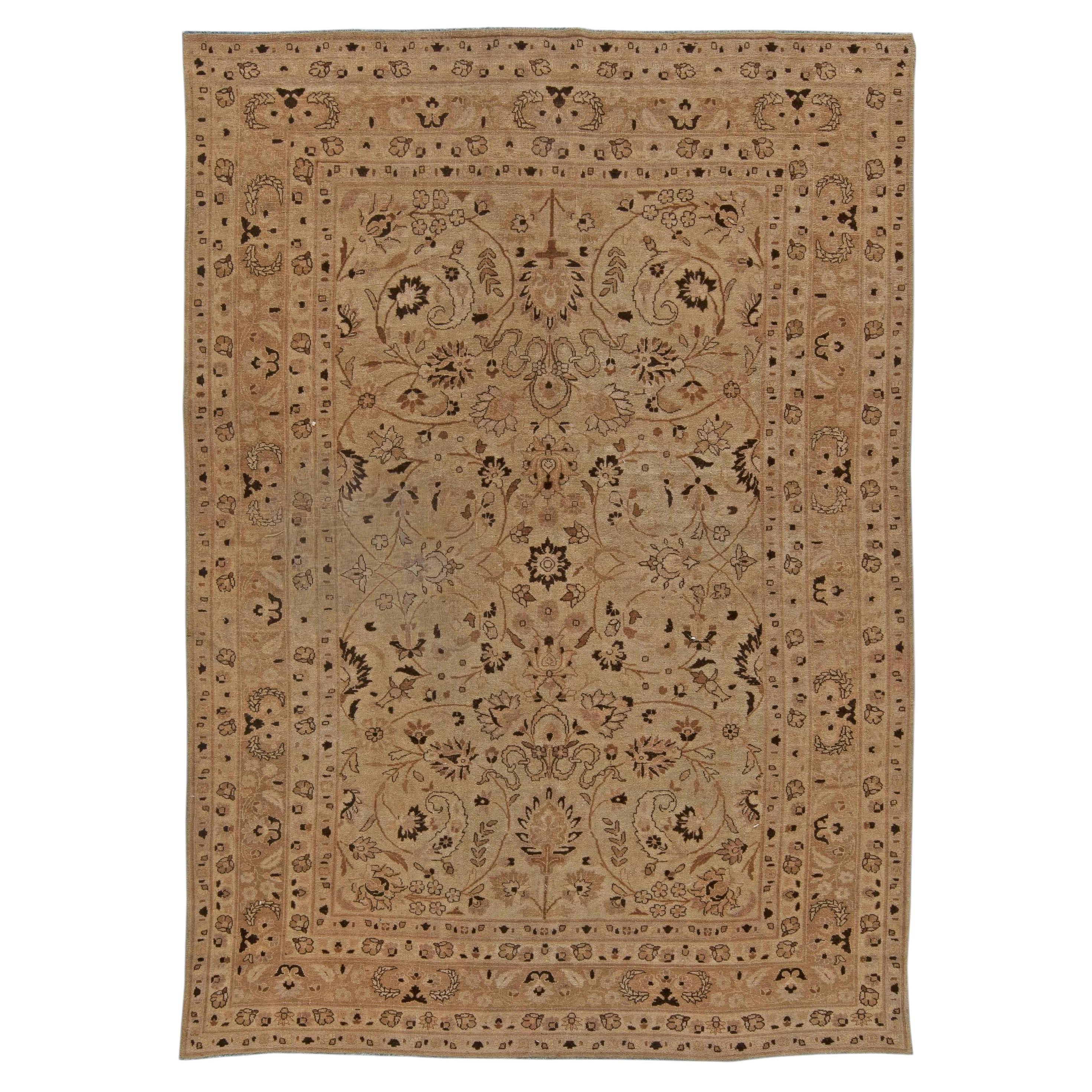 Doris Leslie Blau Antique Tabriz Floral Allover Rug In Warm Tan - c. 1920