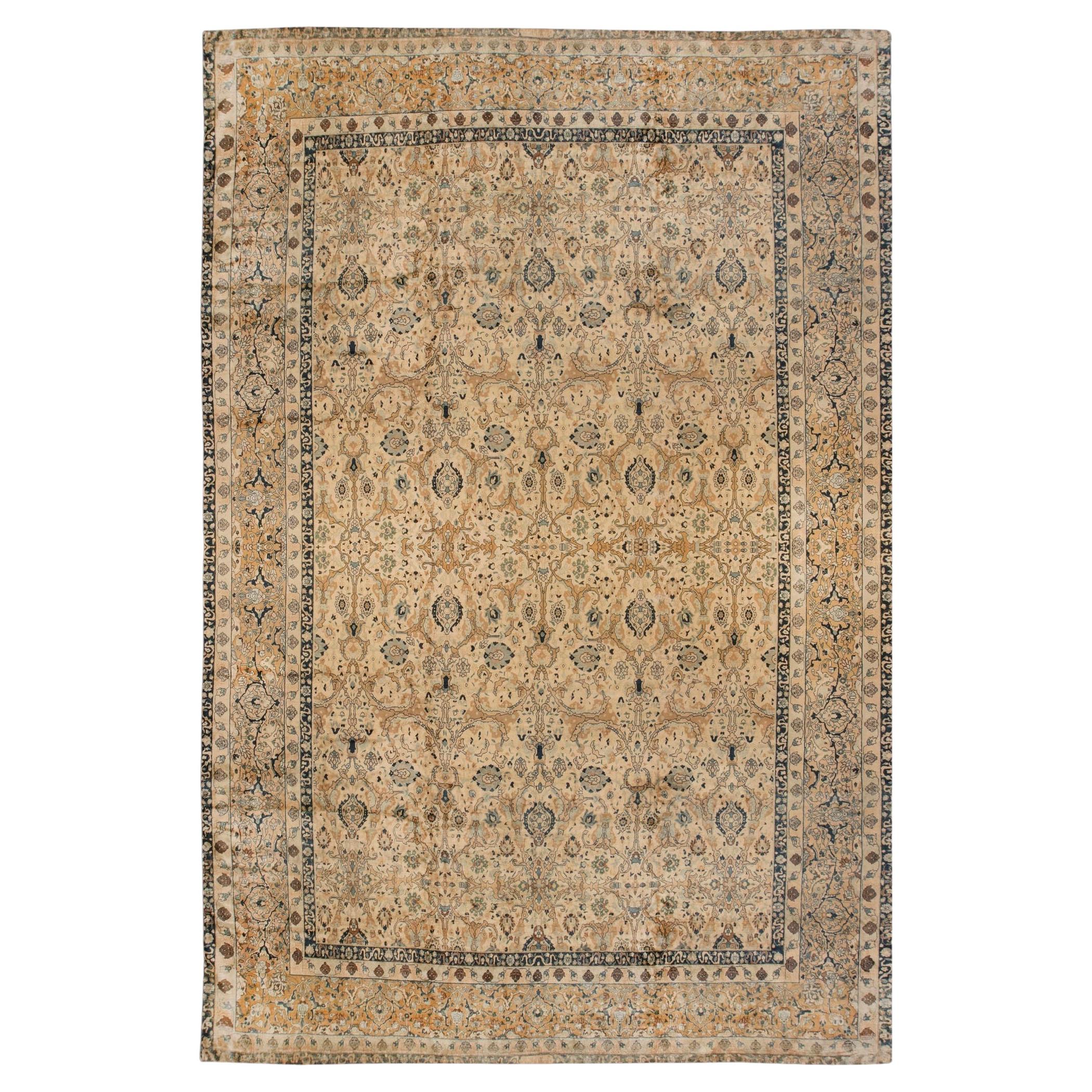 Doris Leslie Blau Antique Tabriz Floral Allover Soft Beige Rug - c. 1900