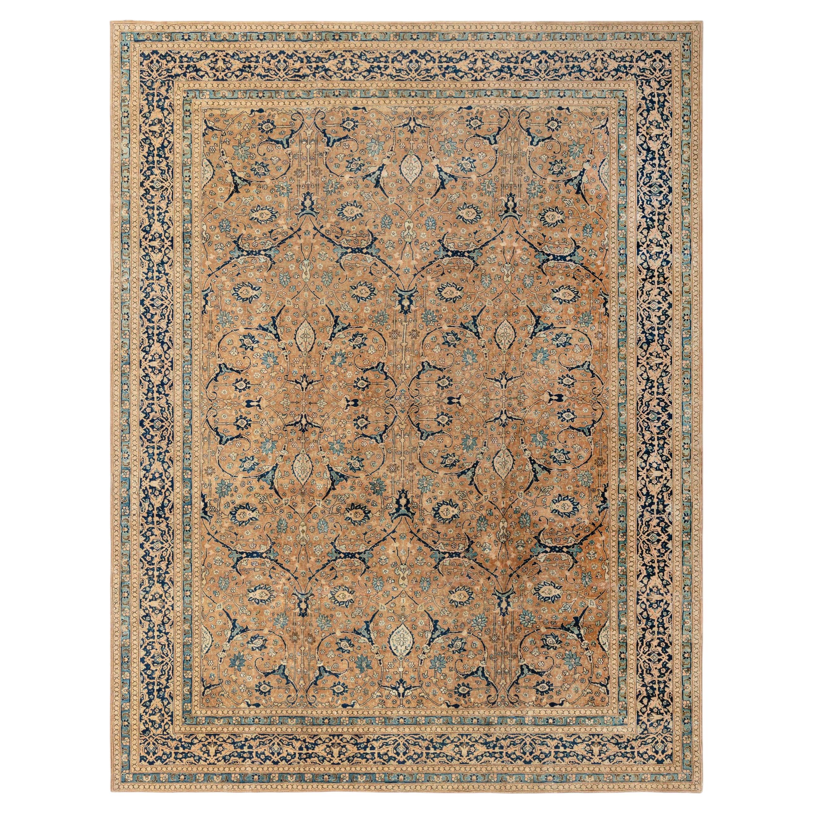 Doris Leslie Blau Antique Tabriz Floral Allover Warm Tan Carpet - c. 1900