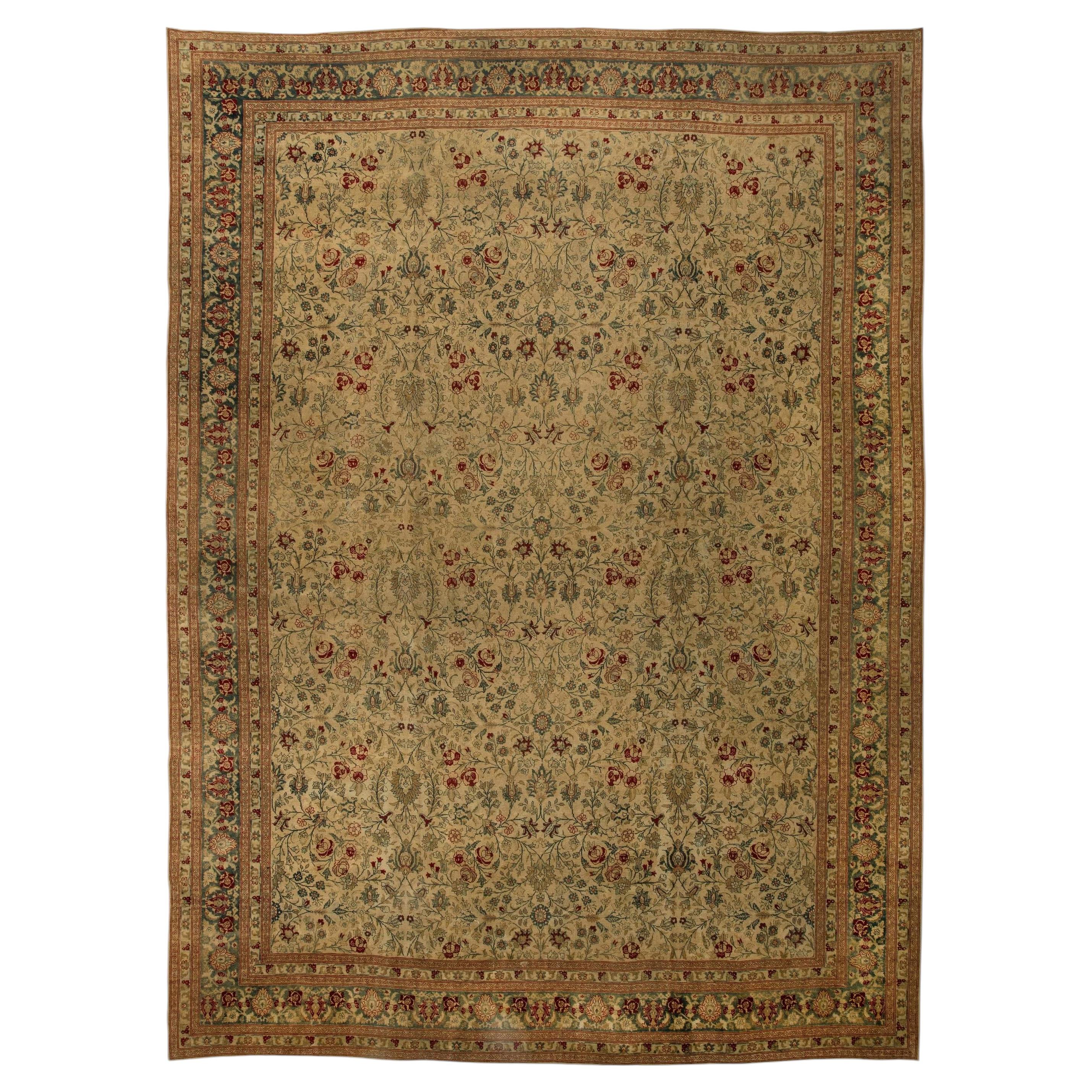 Doris Leslie Blau Antique Tabriz Floral Allover Warm Tan Rug - c. 1900
