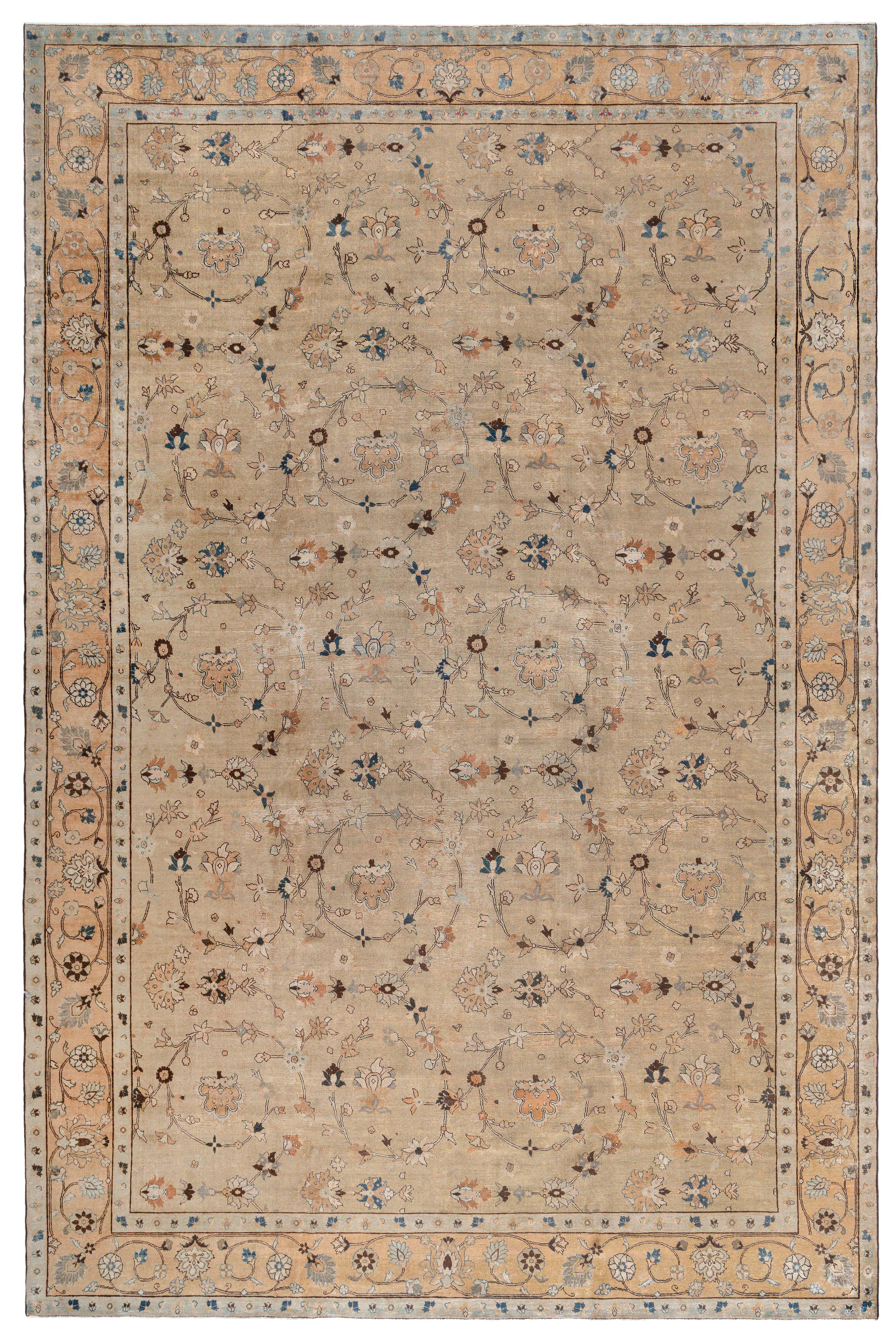 Doris Leslie Blau Antique Tabriz Floral Allover Warm Tan Rug - c. 1900