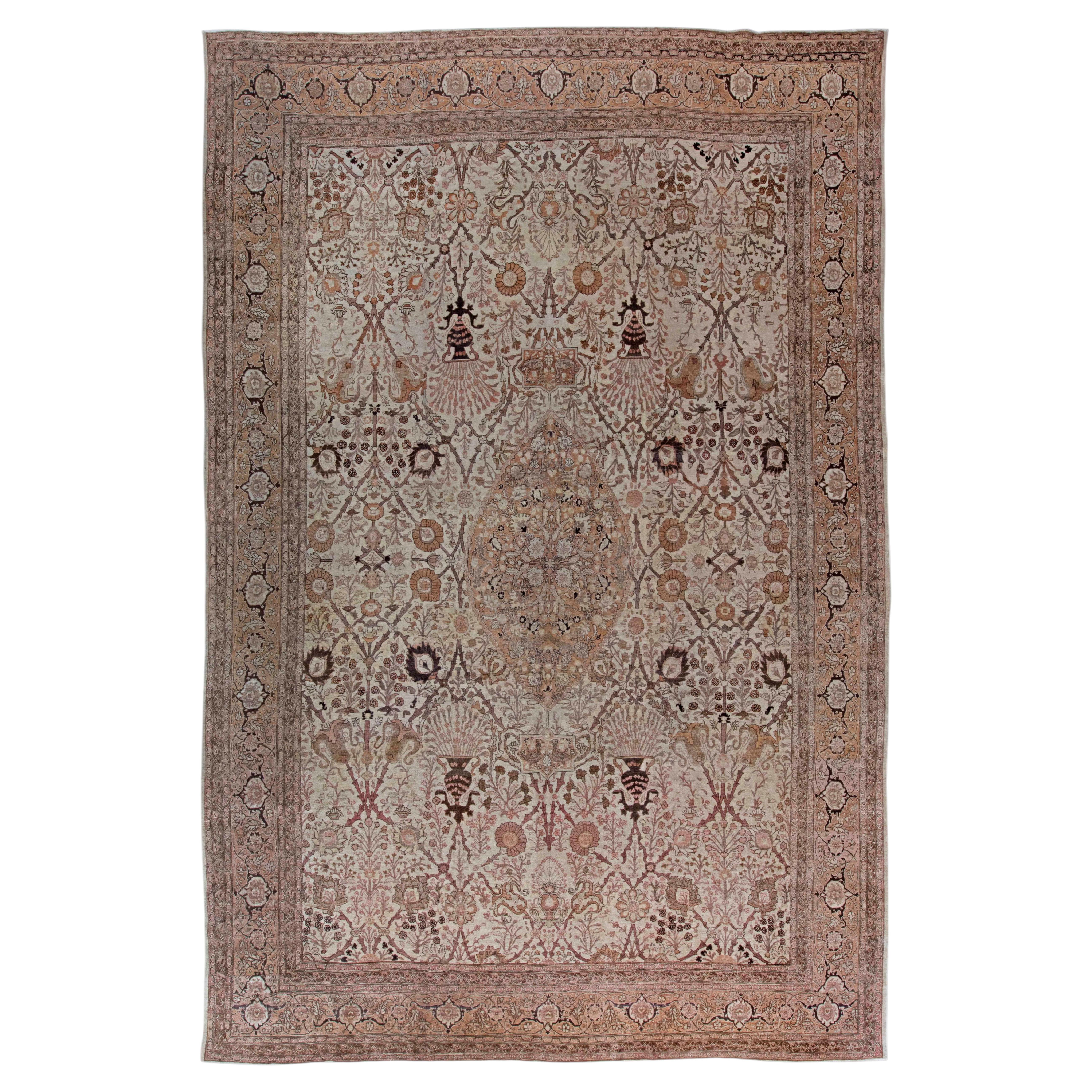 Doris Leslie Blau Antique Tabriz Floral Medallion Soft Beige Rug - c. 1900 For Sale