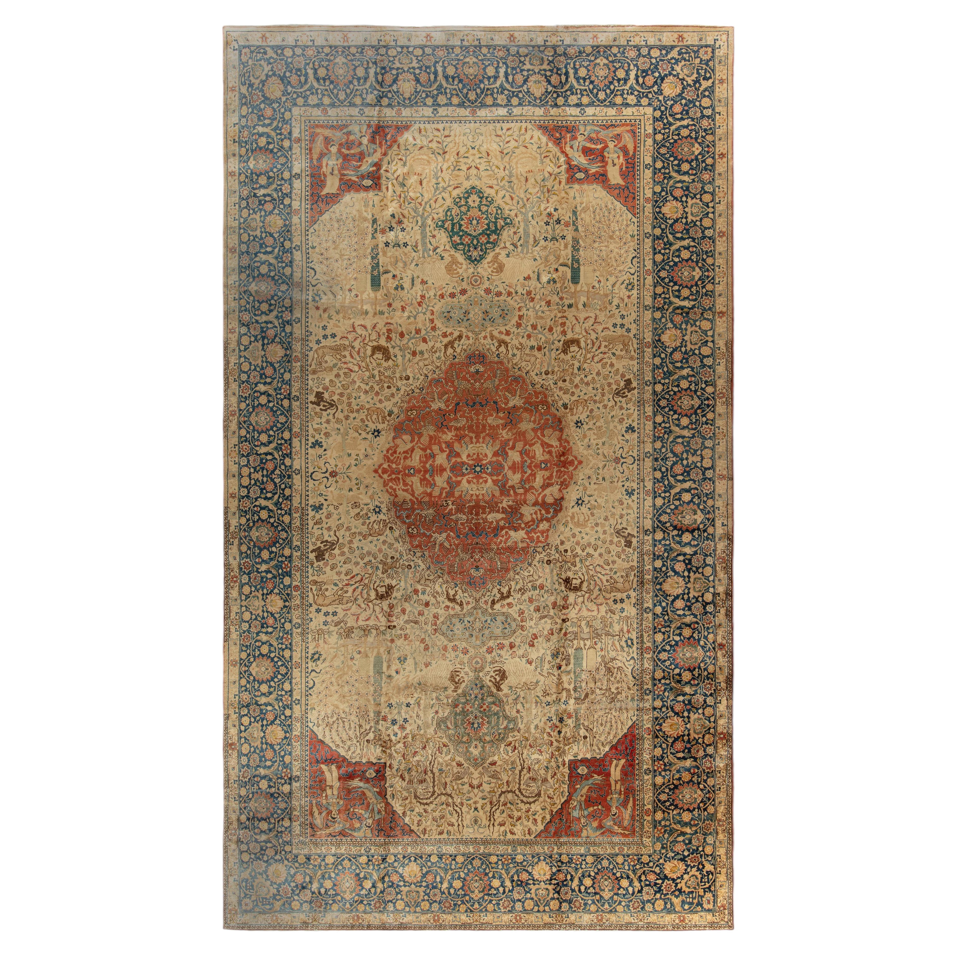 Doris Leslie Blau Antique Tabriz Medallion Floral Soft Beige Rug - c. 1900