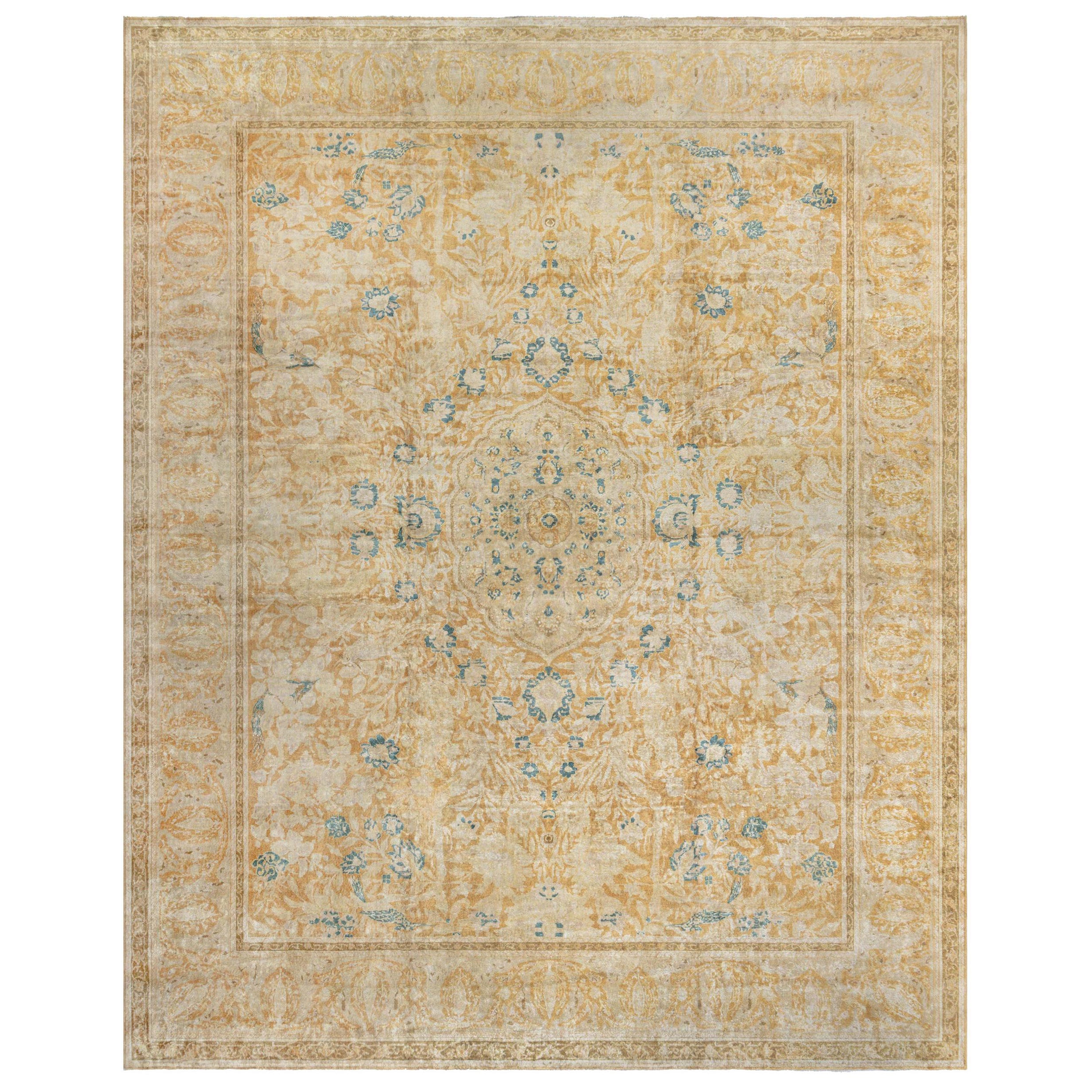 Doris Leslie Blau Tappeto di lana beige indiano autentico del XIX secolo