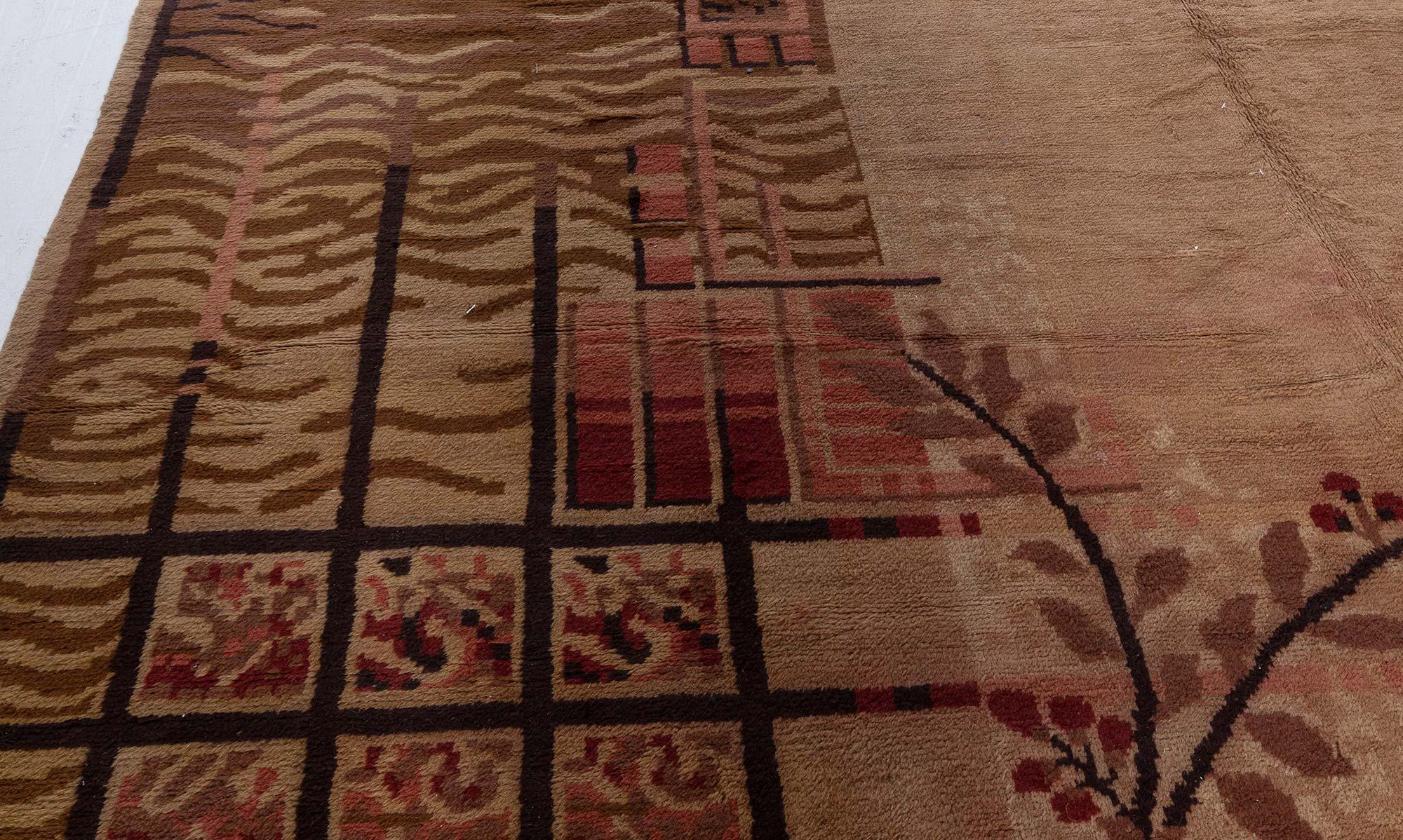 Authentic French Art Deco brown handwoven wool rug
Size: 11'6