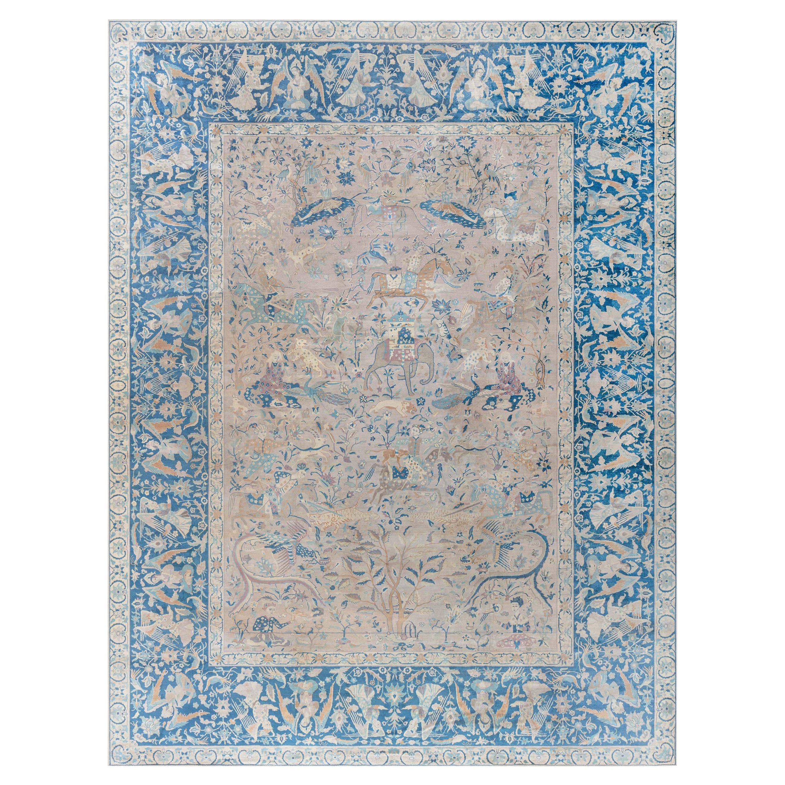 Doris Leslie Blauer authentischer indischer botanischer handgefertigter Wollteppich mit Tiermotiven