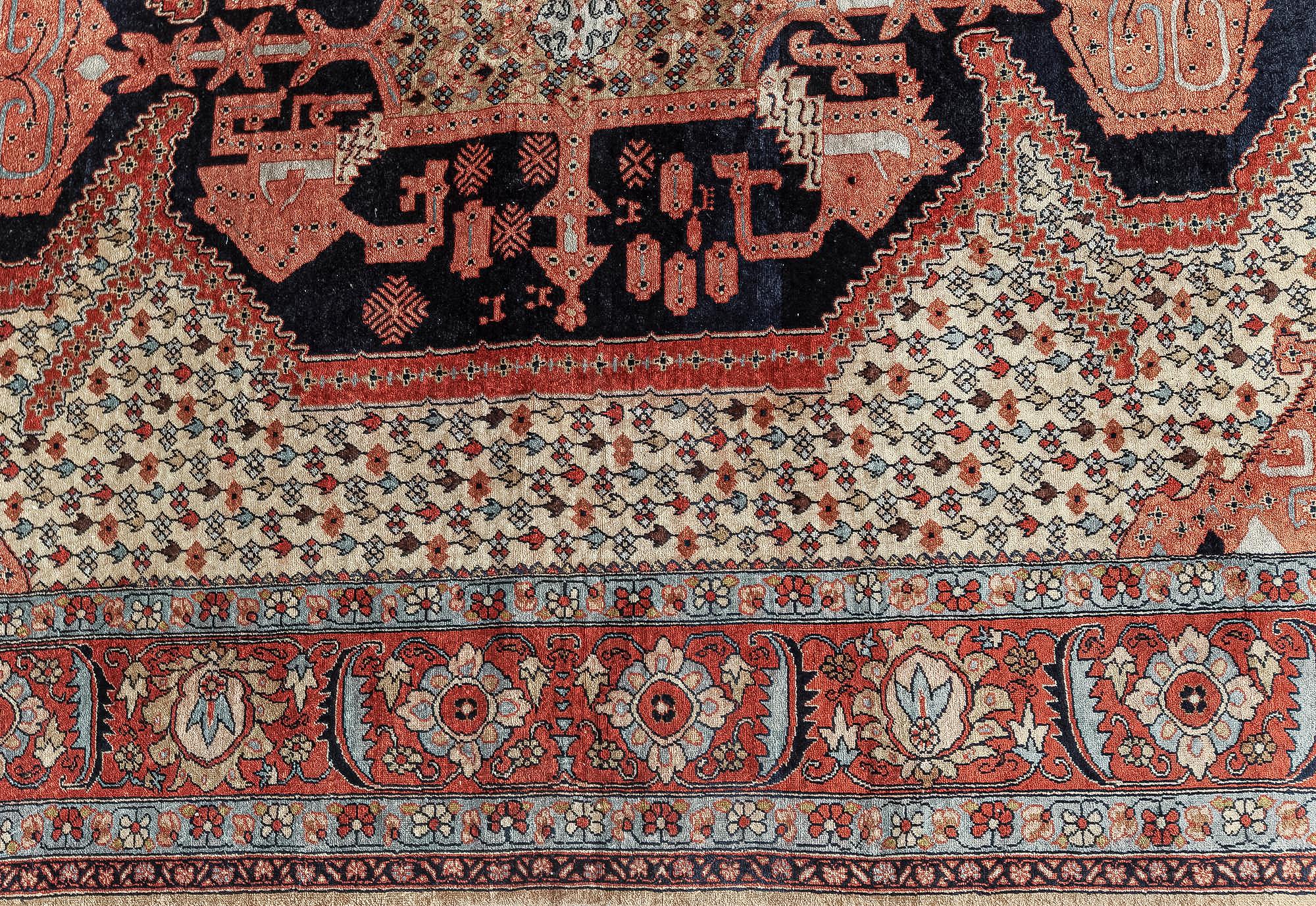 Authentic Persian Tabriz Handmade Silk Rug in Beige, Blue and Red
Size: 4'1