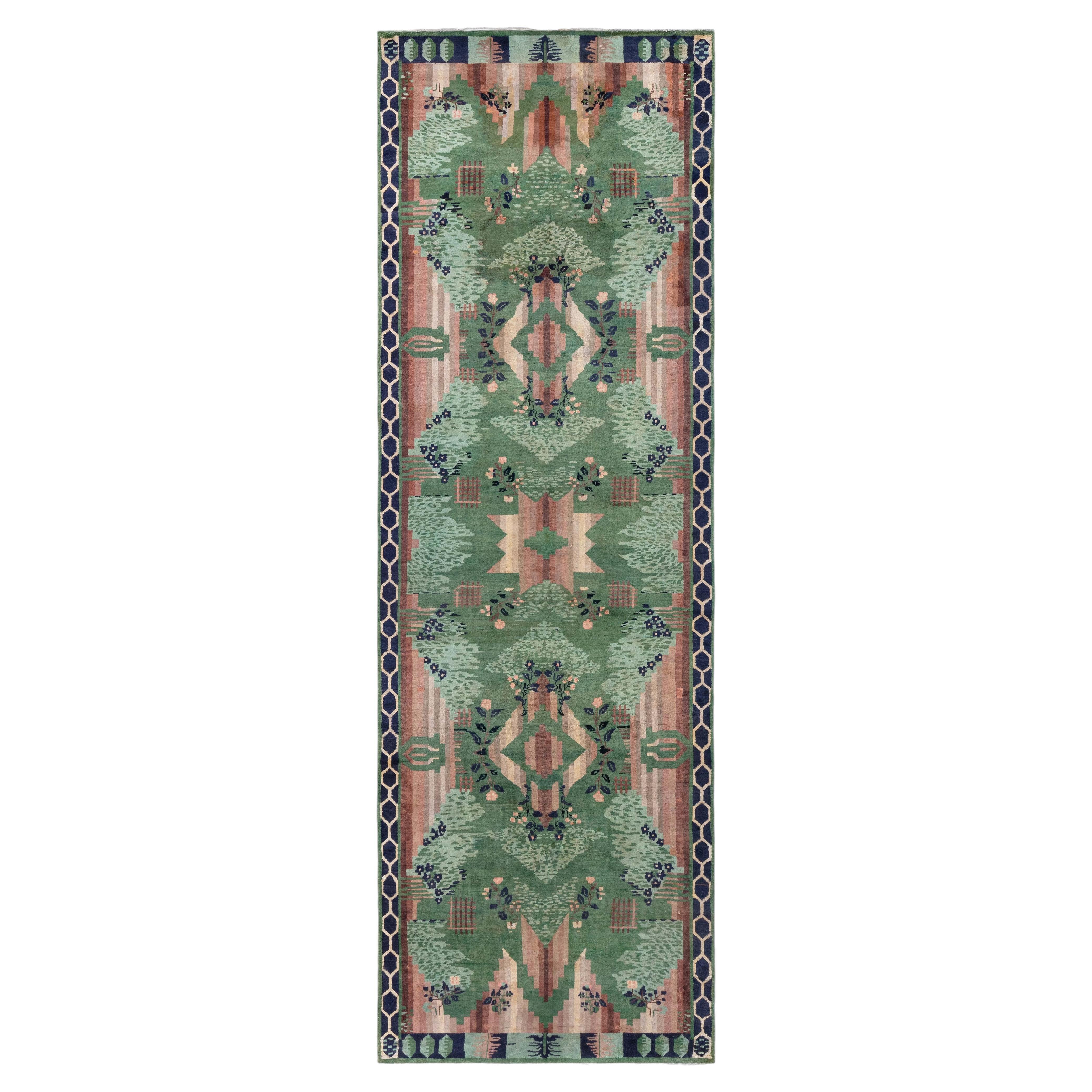 Doris Leslie Blau Chinese Art Deco Vintage Floral Forest Green Runner
