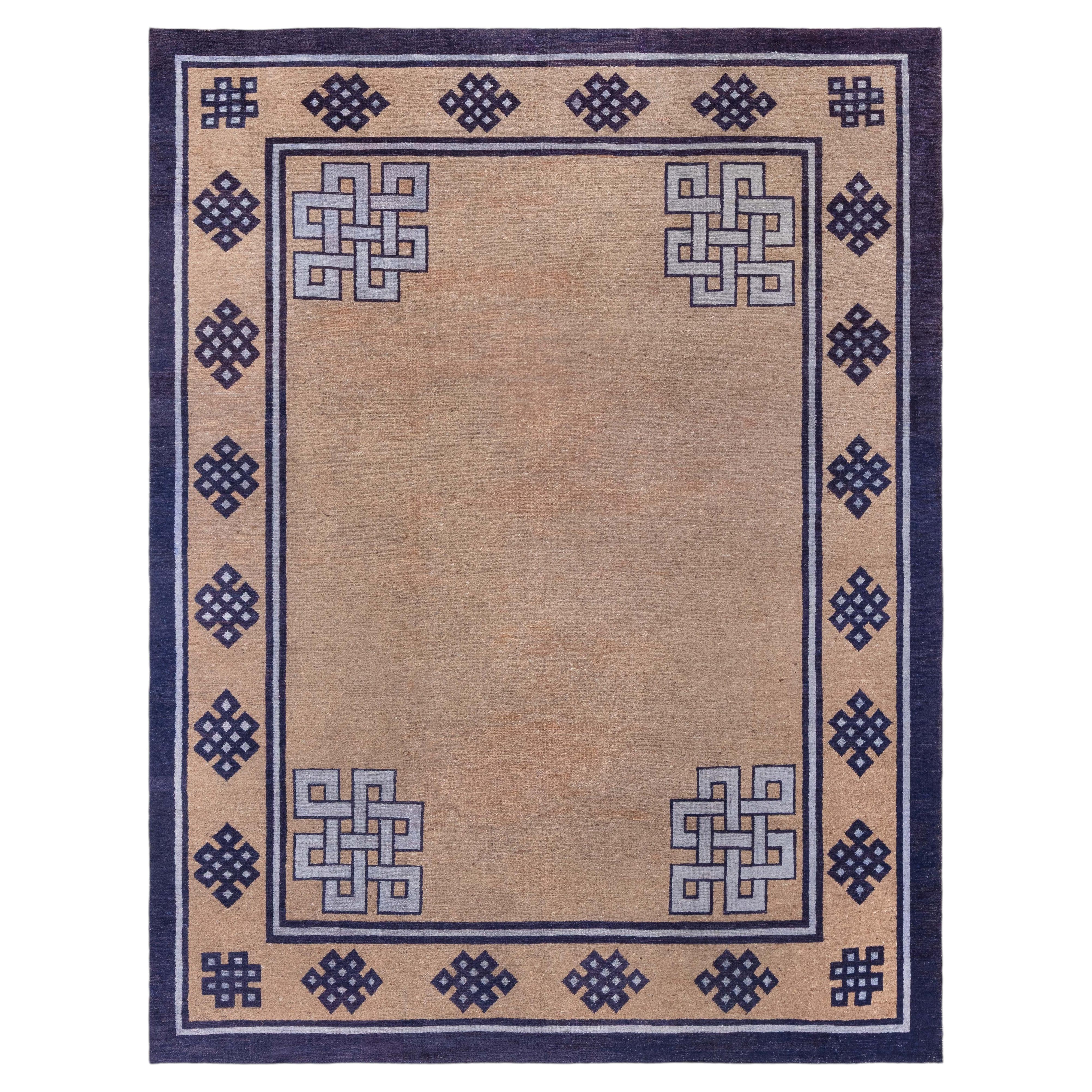 Tapis en laine noué à la main « Doris Leslie Blau », style vintage chinois, motifs géométriques, couleur beige chaud