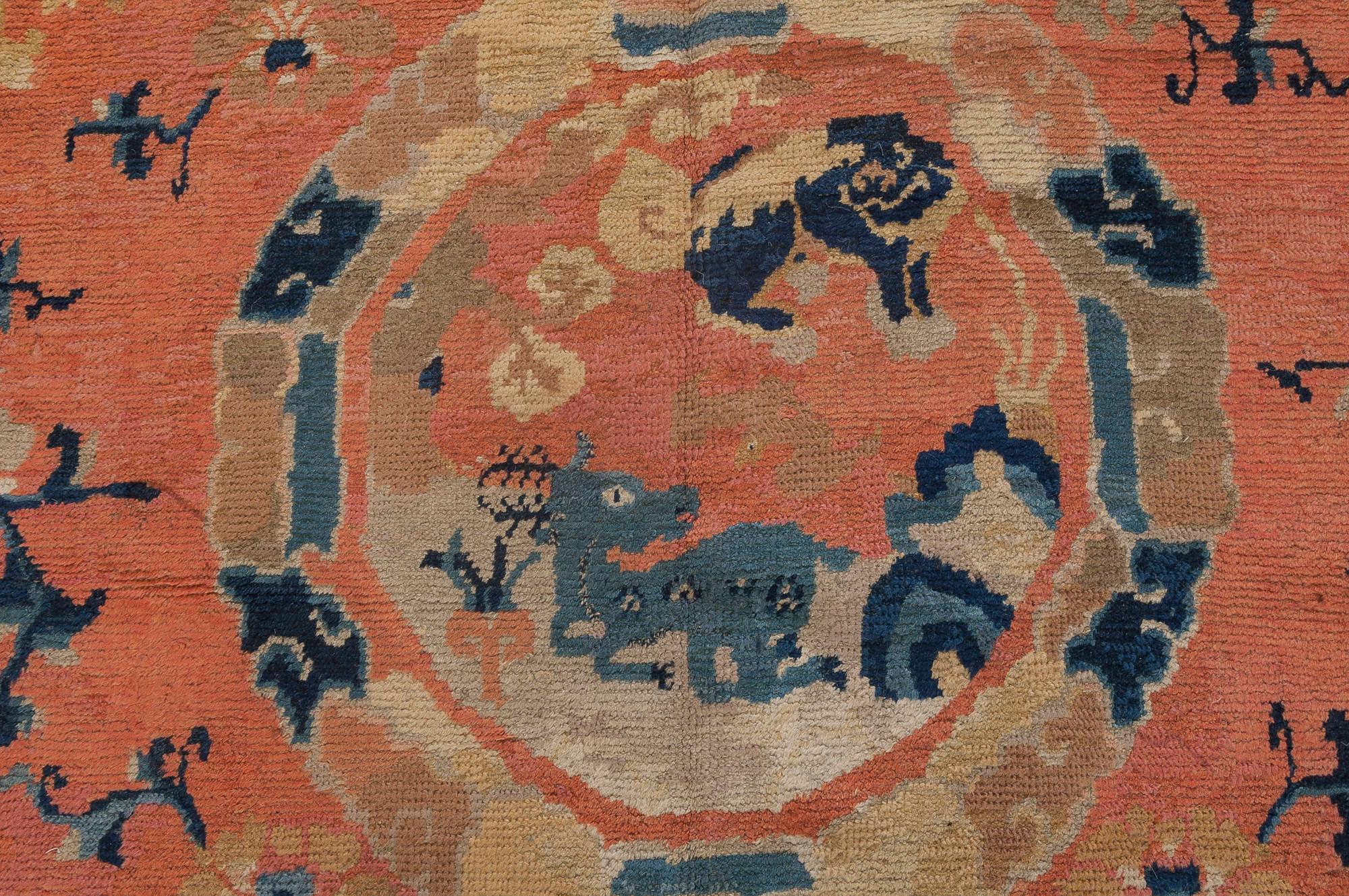 19th century Chinese salmon, blue handmade wool carpet
Size: 7'7