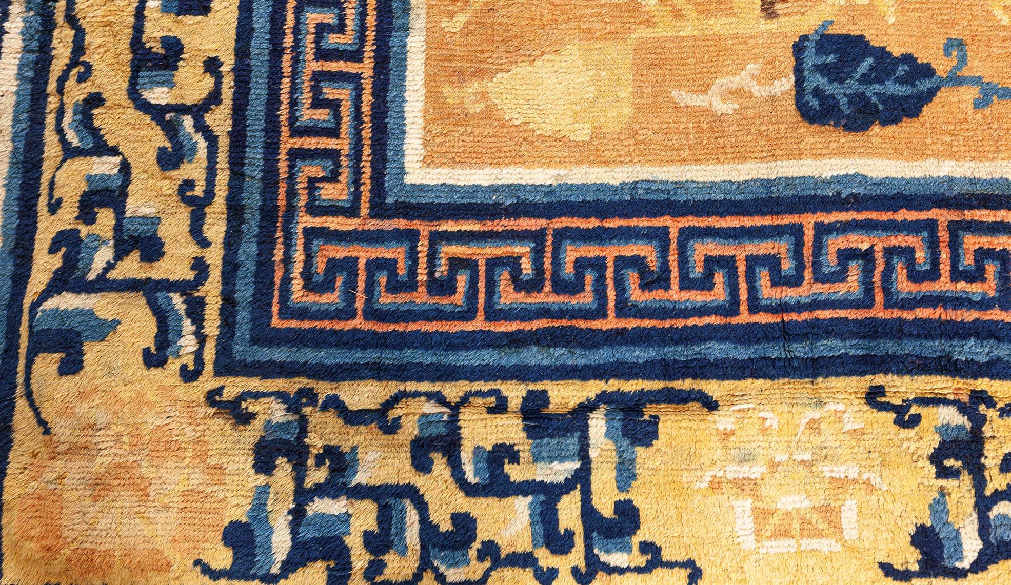 Wool 19th Century Chinese Yellow Blue Handmade Rug For Sale