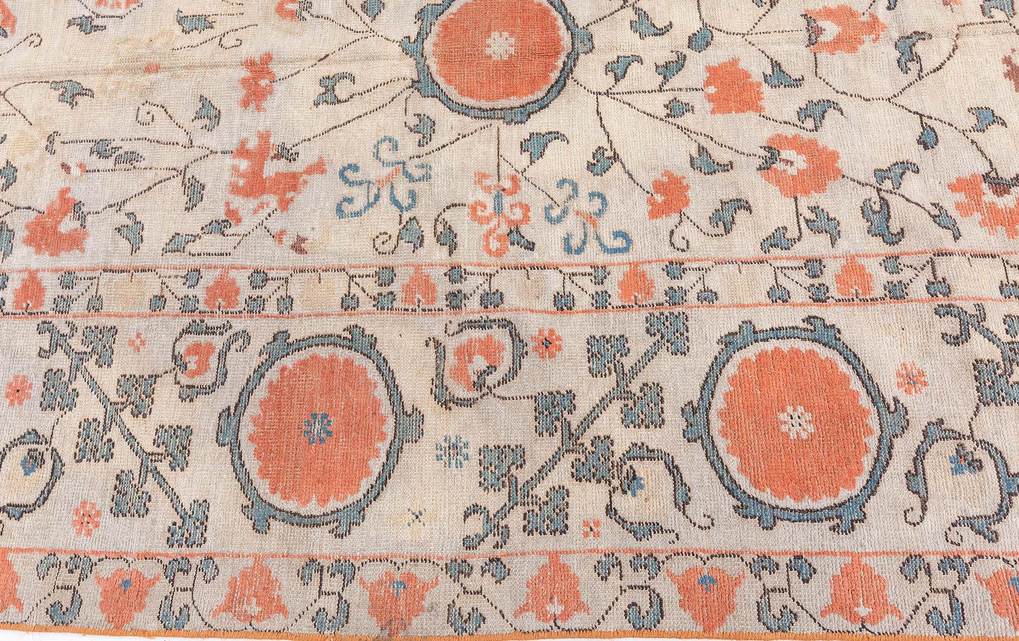 Uzbek 19th Century Samarkand Orange Handmade Wool Rug For Sale