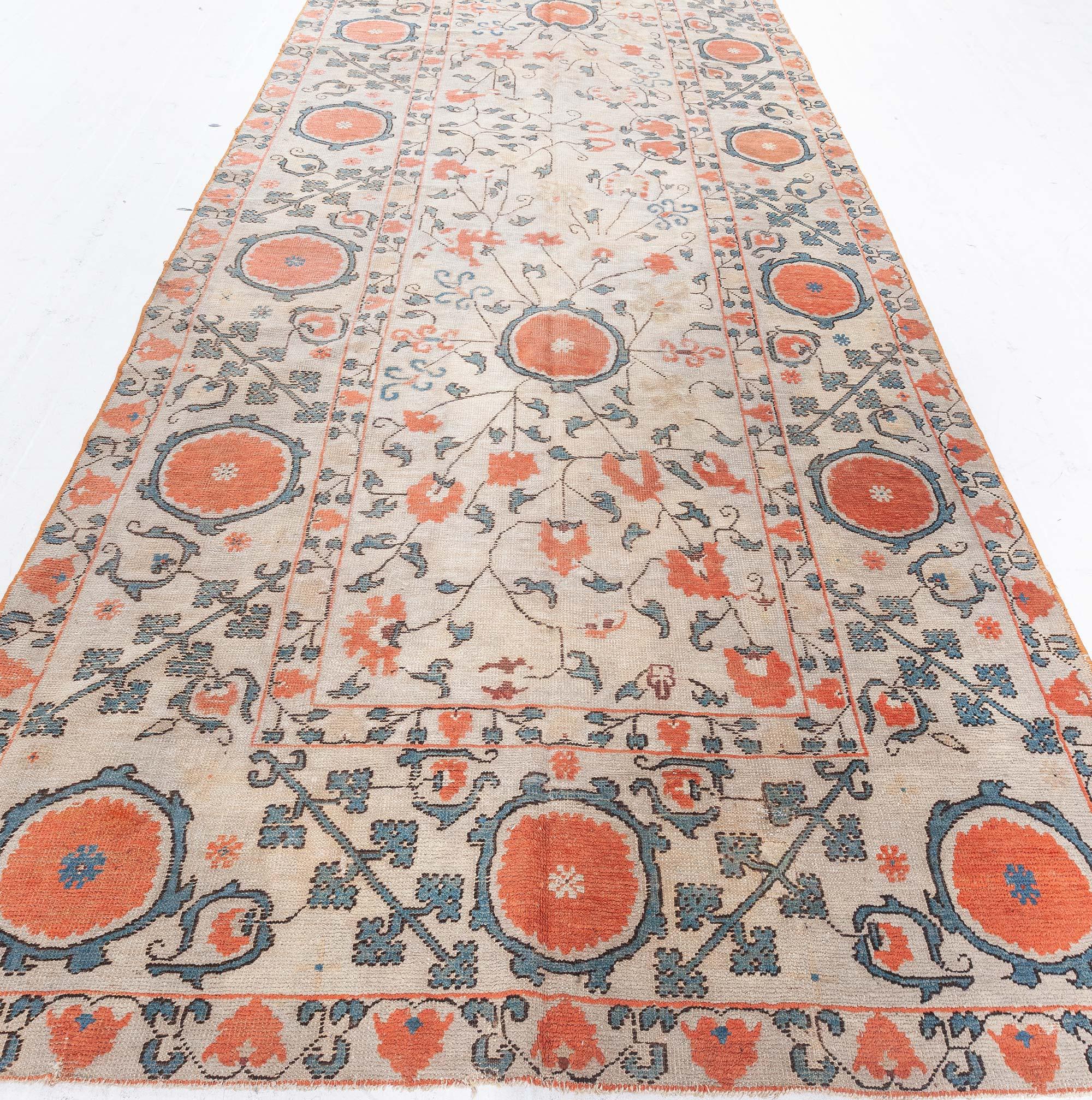 Hand-Knotted 19th Century Samarkand Orange Handmade Wool Rug For Sale