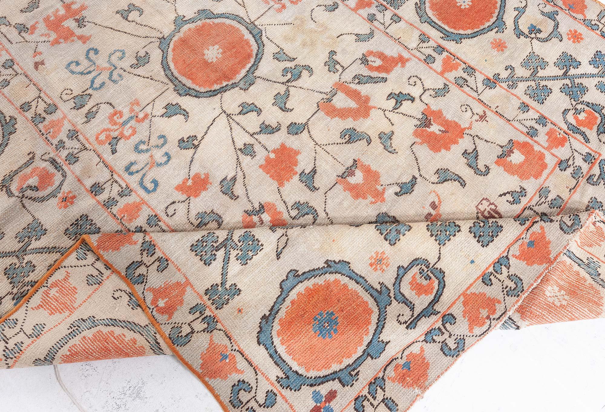 19th Century Samarkand Orange Handmade Wool Rug For Sale 1
