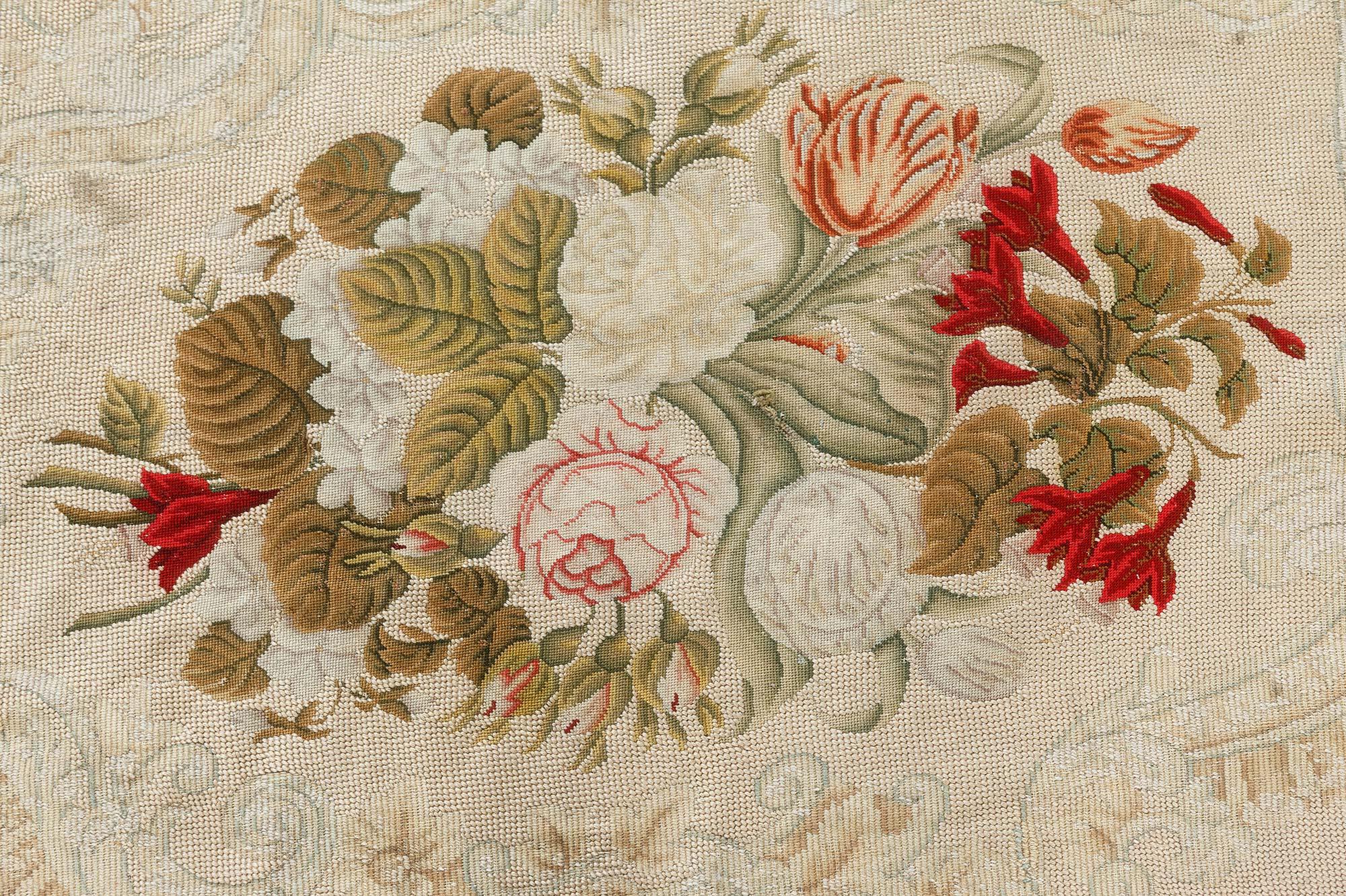 French Antique Floral Needlework Carpet For Sale