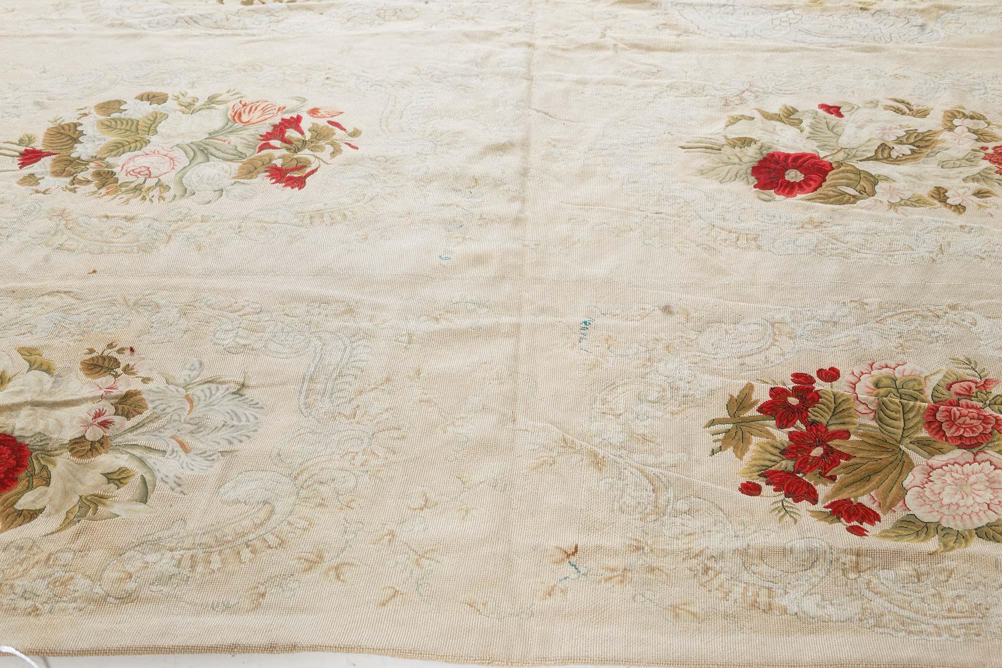 Wool Antique Floral Needlework Carpet For Sale
