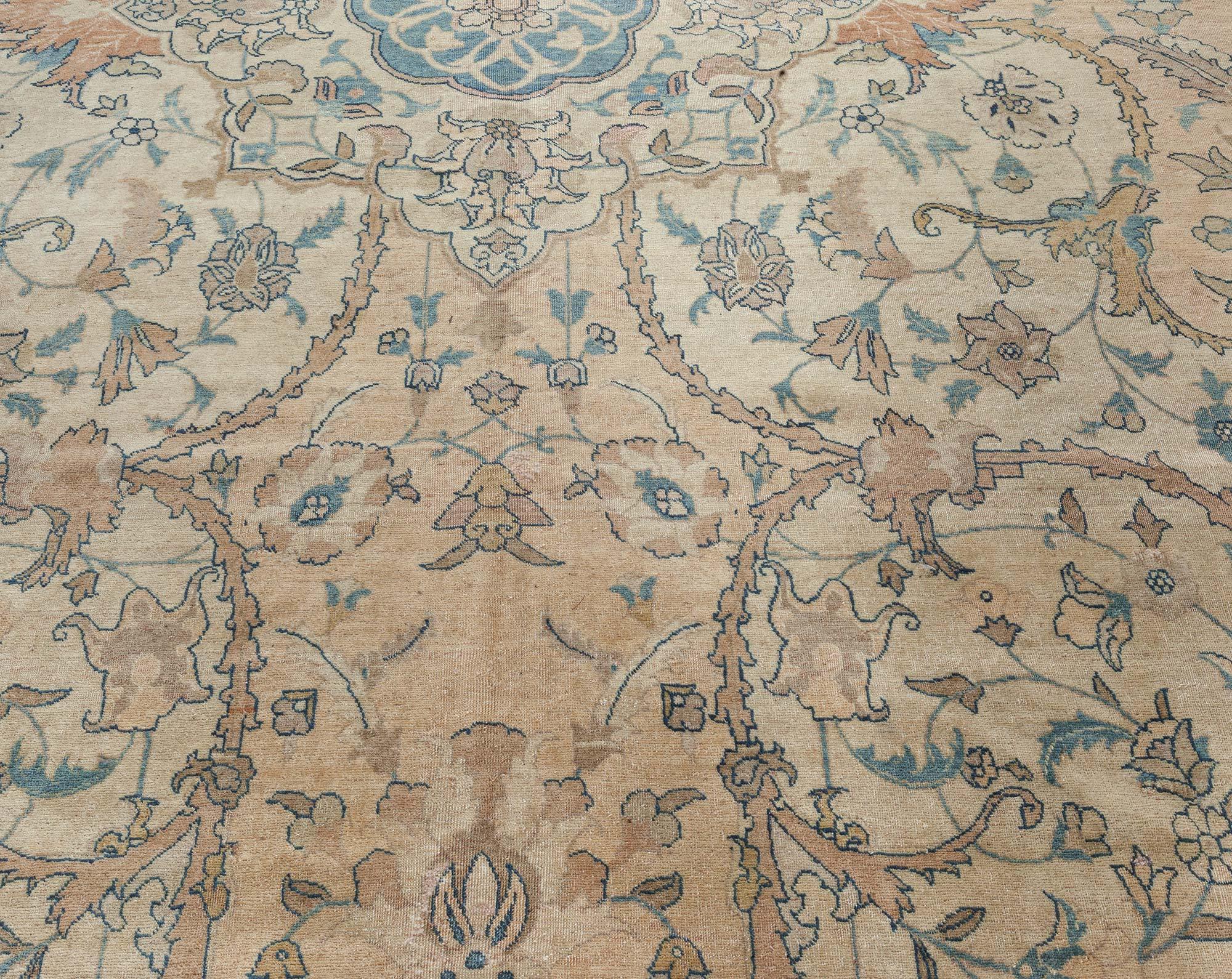 Hand-Knotted Antique Flower Medallion Persian Tabriz Wool Rug For Sale