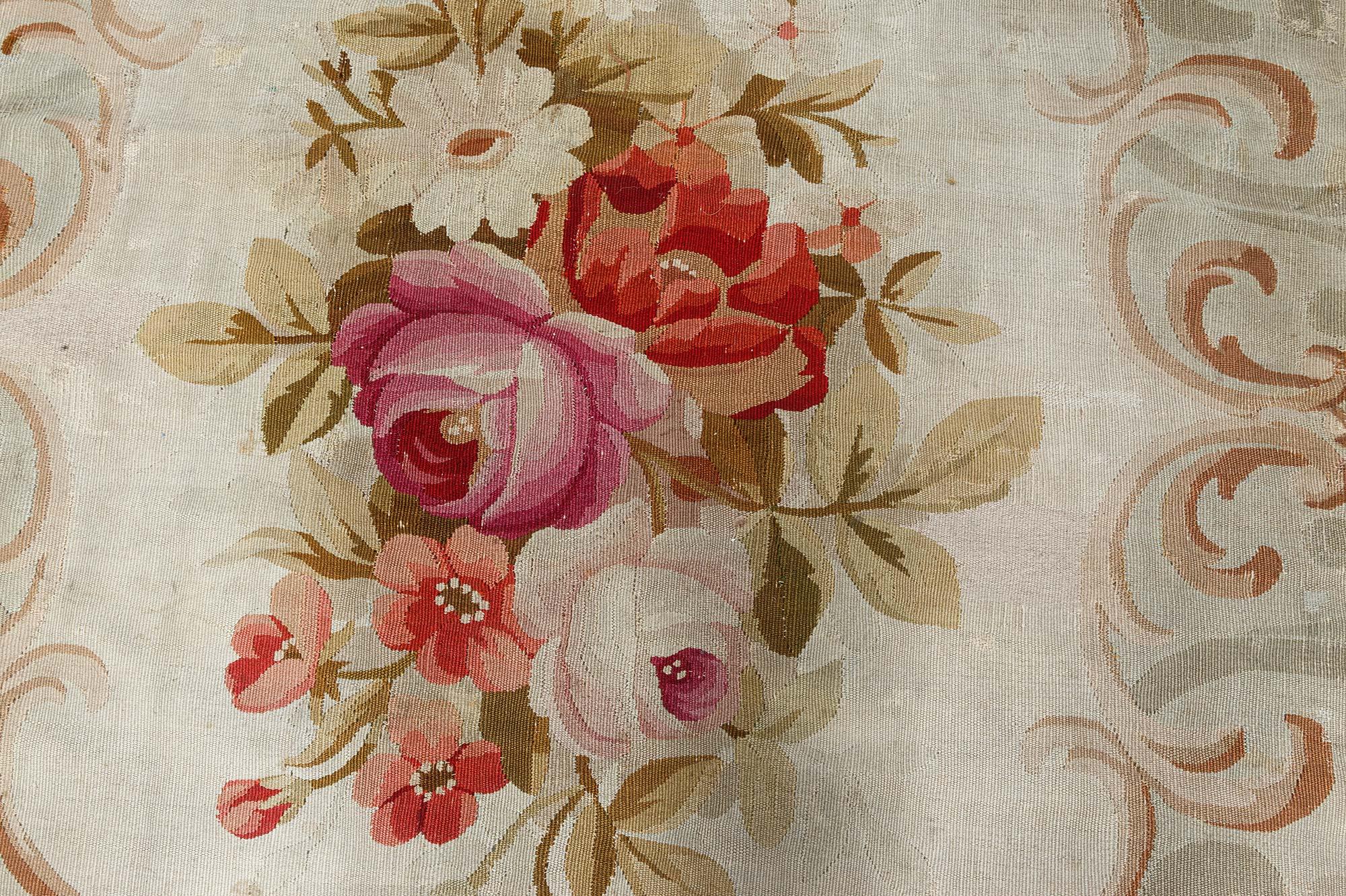 Hand-Knotted Antique French Aubusson Floral Handwoven Wool Rug For Sale