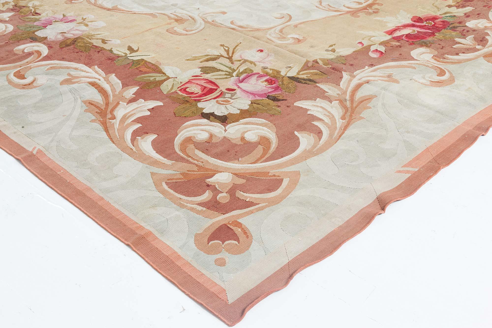 Antique French Aubusson Floral Handwoven Wool Rug For Sale 1
