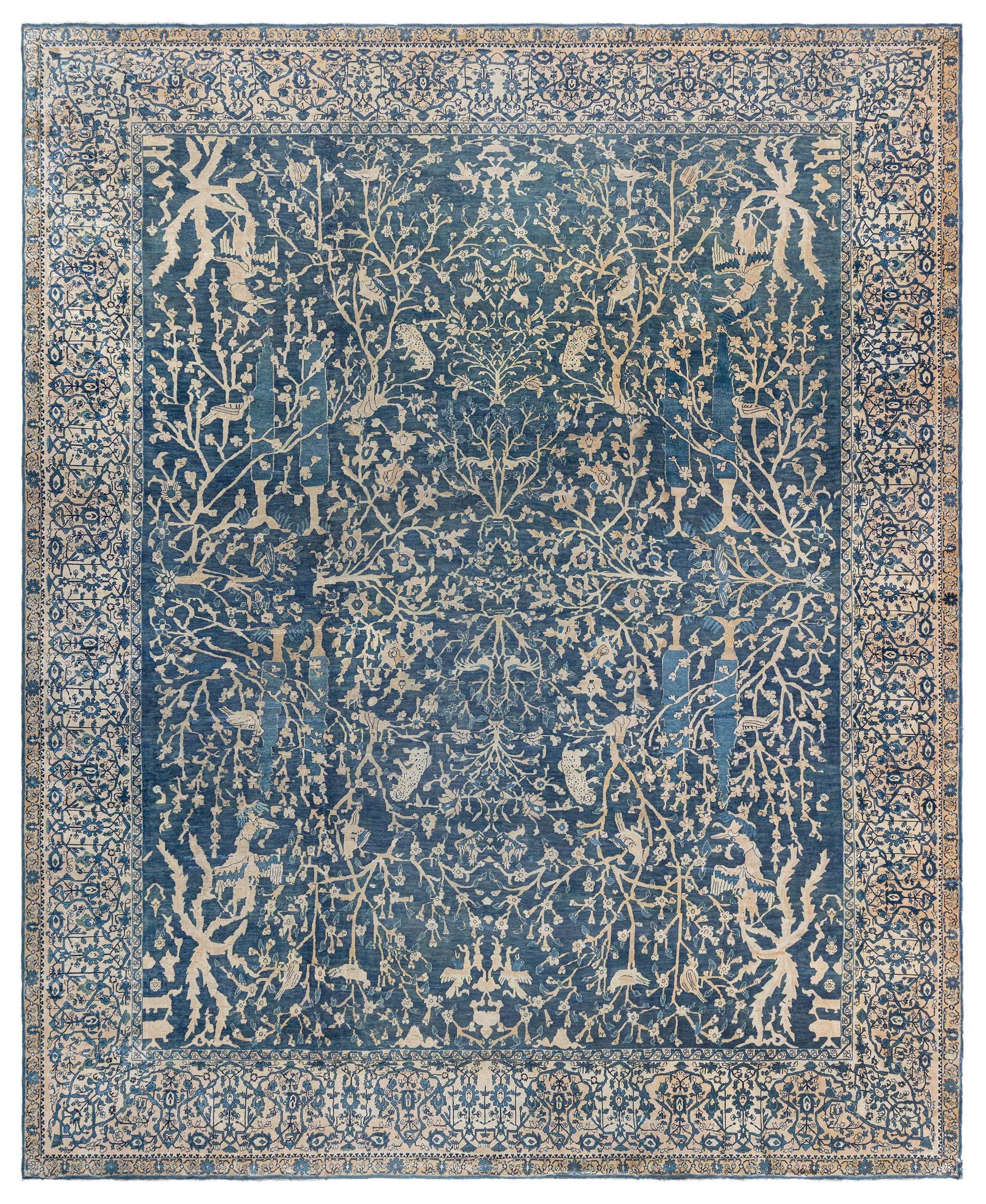 Antique Indian Blue Handmade Wool Rug For Sale