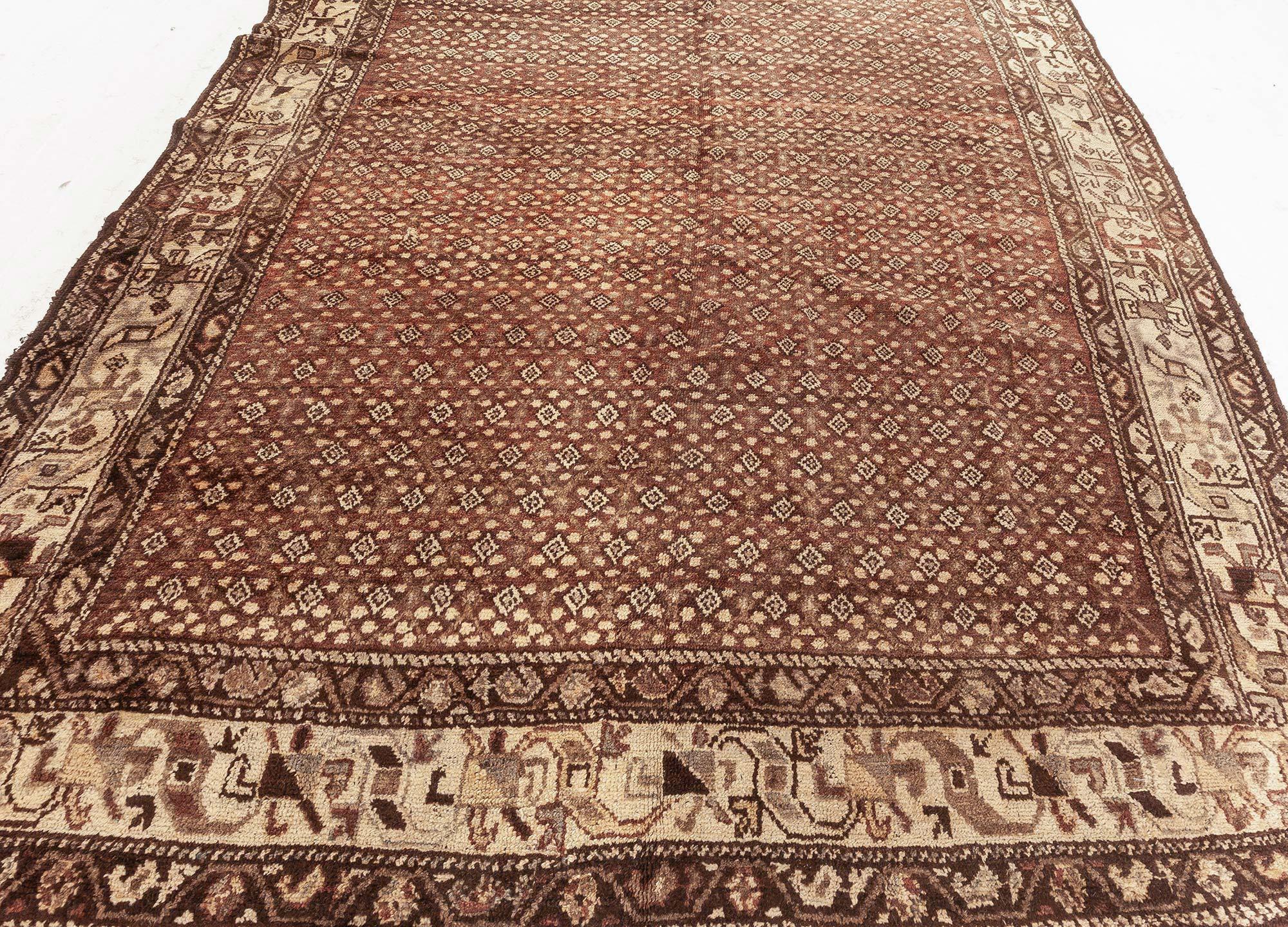 Antique Persian Malayer Brown Hand Knotted Wool Rug In Good Condition For Sale In New York, NY