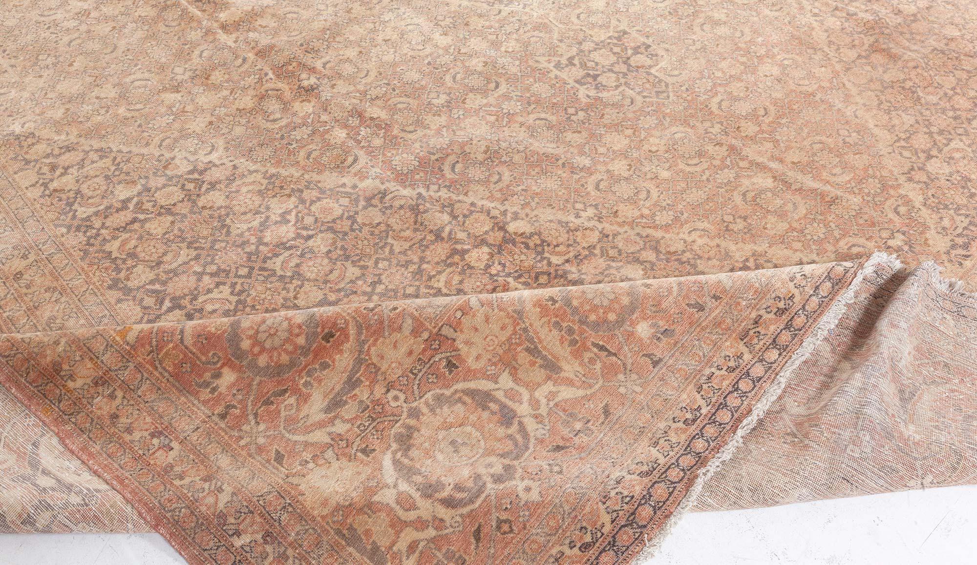 Antique Persian Tabriz Brown Handmade Wool Carpet For Sale 3
